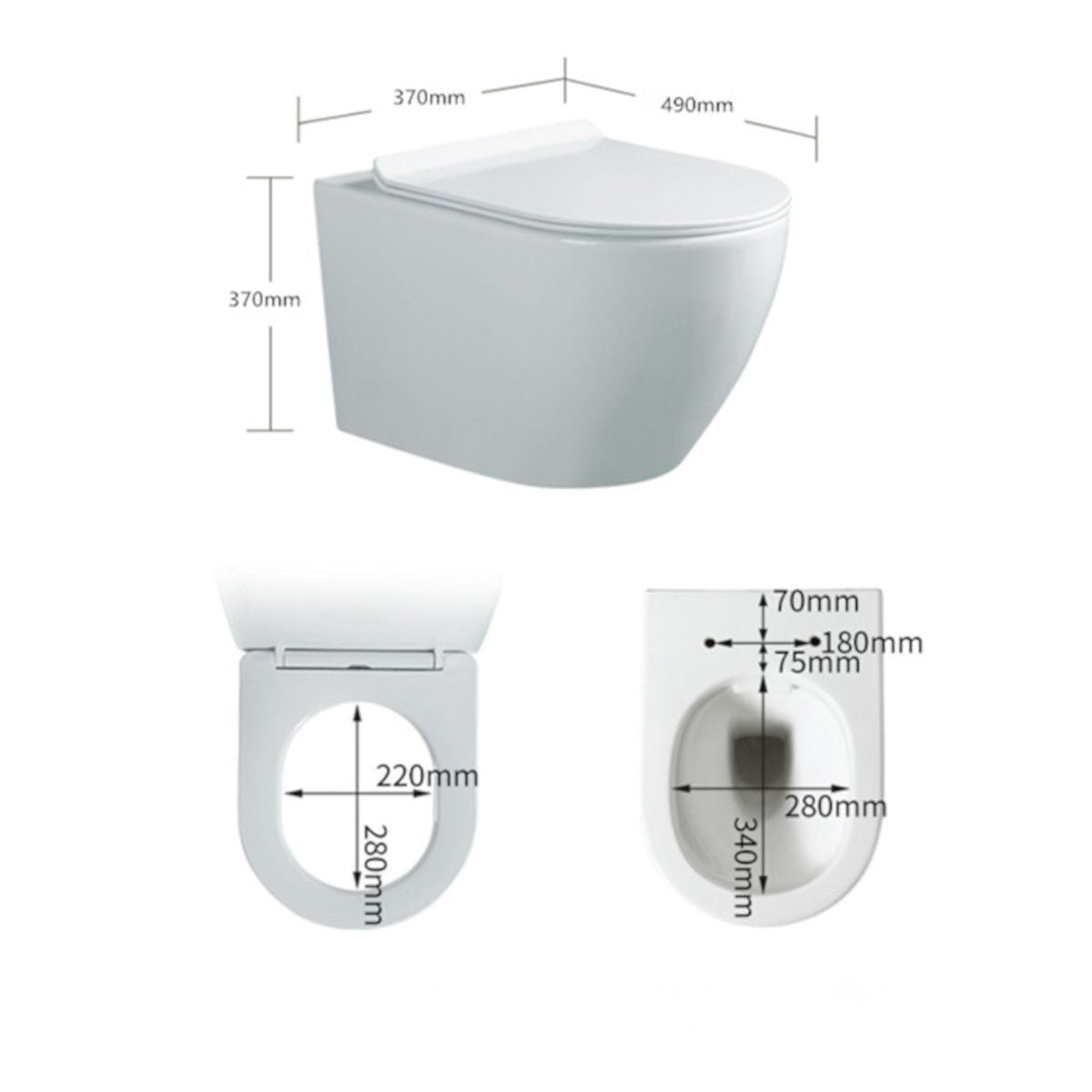 Wandhängendes WC, Weiß, Rimless, 49x37 cm, Duroplast-Deckel, Sanitärkeramik, Ben