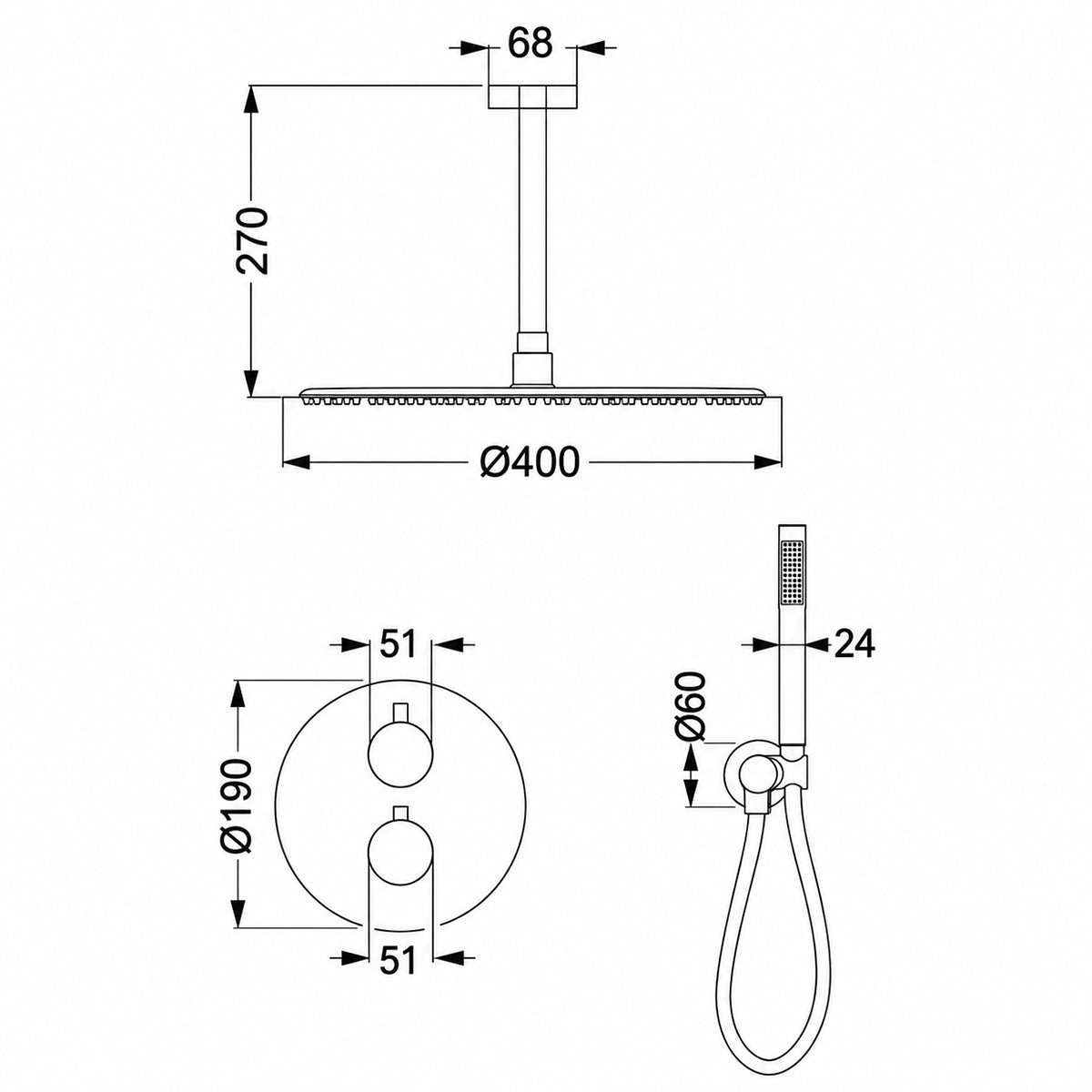 Duschsystem, Mattgold, Deckenmontage, Einbauarmatur mit Thermostat, Regenbrause, Durchmesser 40 cm, Apolo