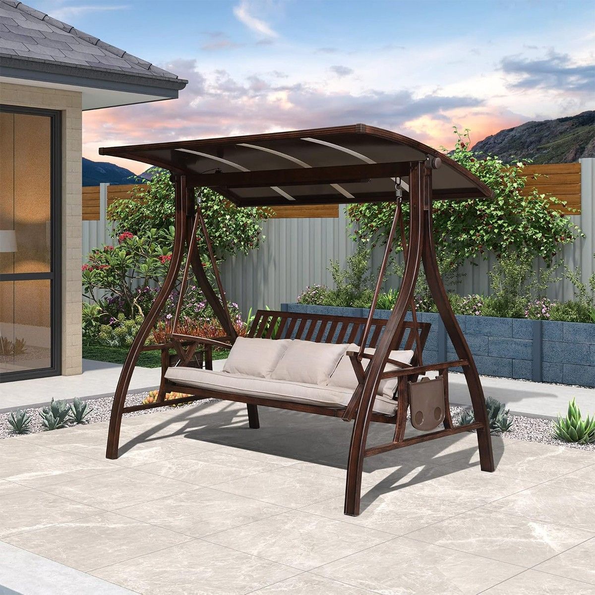 3-Sitzer-Schaukelbank, Garten oder Terrasse, Aluminium, LED-Beleuchtung, Getränkehalter, inklusive Kissen, Braun, Solaris