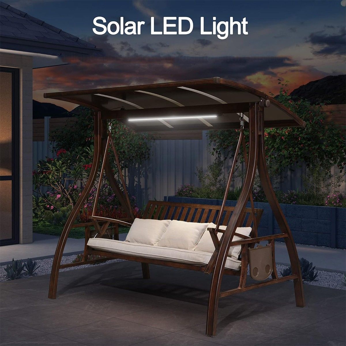 3-Sitzer-Schaukelbank für Garten oder Terrasse, Aluminium, LED-Beleuchtung, Getränkehalter, inklusive Kissen, Braun, Solaris