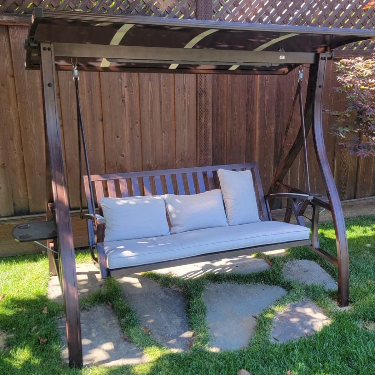 3-Sitzer-Schaukelbank für Garten oder Terrasse, Aluminium, LED-Beleuchtung, Getränkehalter, inklusive Kissen, Braun, Solaris