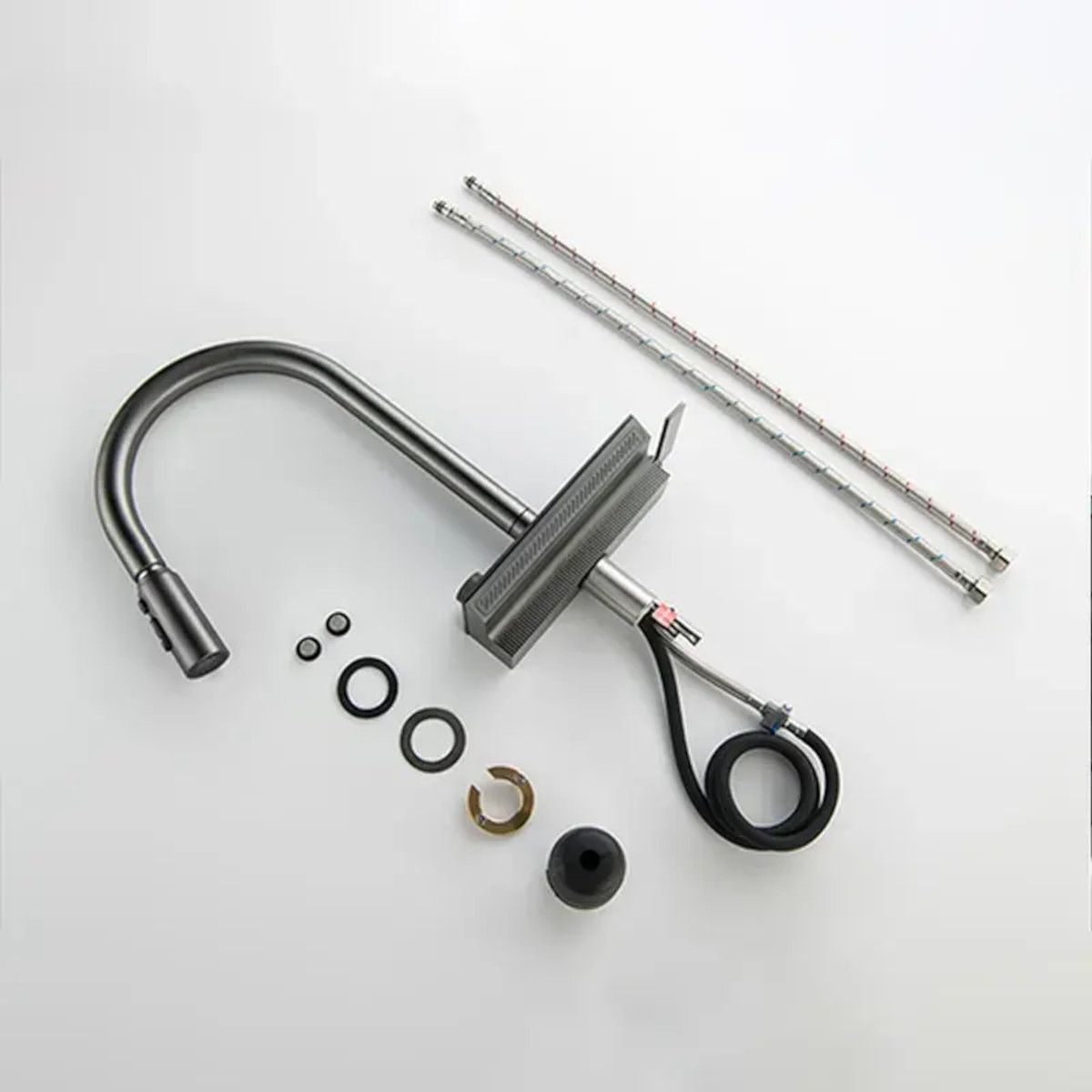 Küchenarmatur, hydroelektrisches Display mit Wasserfall, ausziehbare Brause, 3 Strahlarten, 360° schwenkbar, Gun Grey, Ingrid
