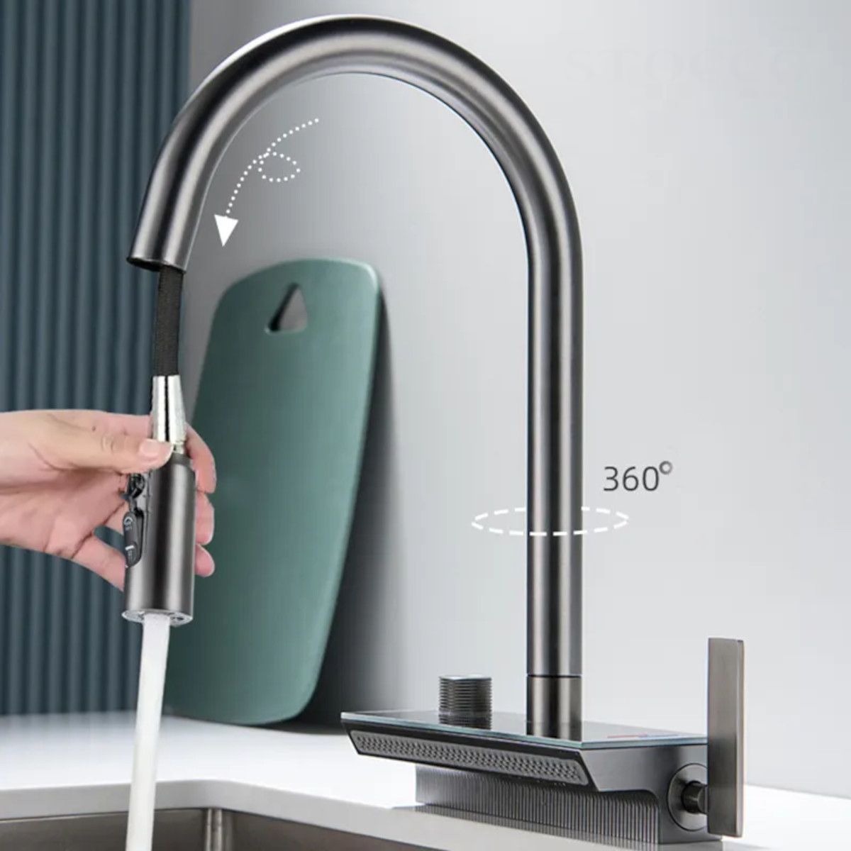 Küchenarmatur, hydroelektrisches Display mit Wasserfall, ausziehbare Brause, 3 Strahlarten, 360° schwenkbar, Gun Grey, Ingrid