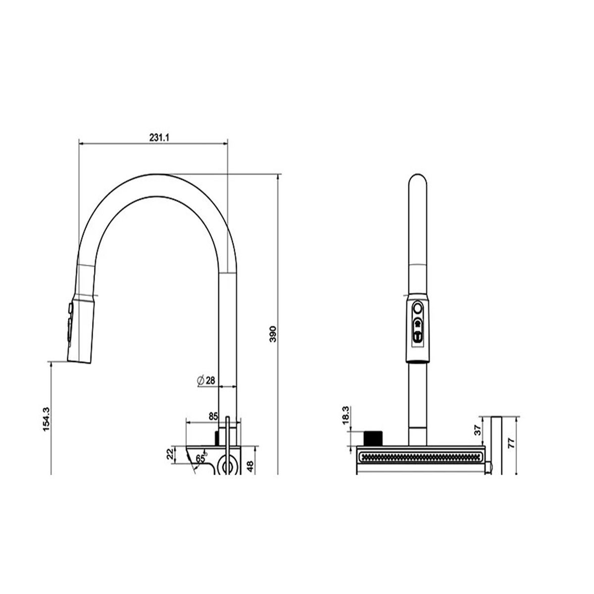 Küchenarmatur, hydroelektrisches Display mit Wasserfall, ausziehbare Brause, 3 Strahlarten, 360° schwenkbar, Mattweiß, Ingrid