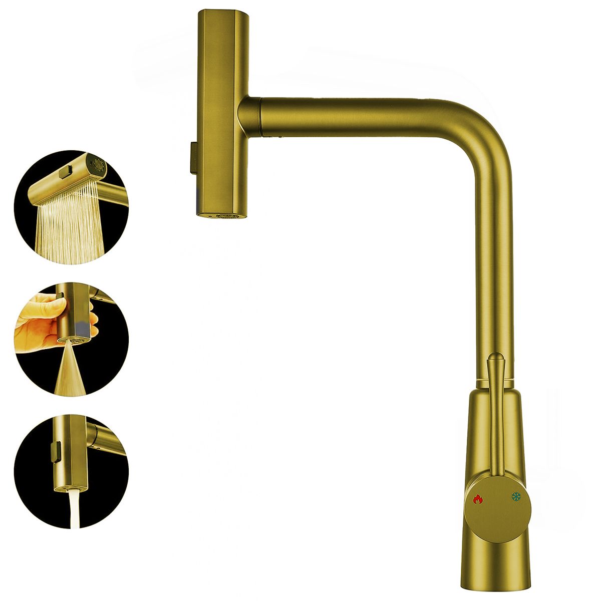 Küchenarmatur, ausziehbare Brause, 3 Sprüharten, 360° schwenkbarer Auslauf, mit Perlator, Edelstahl, Mattgold, Safari