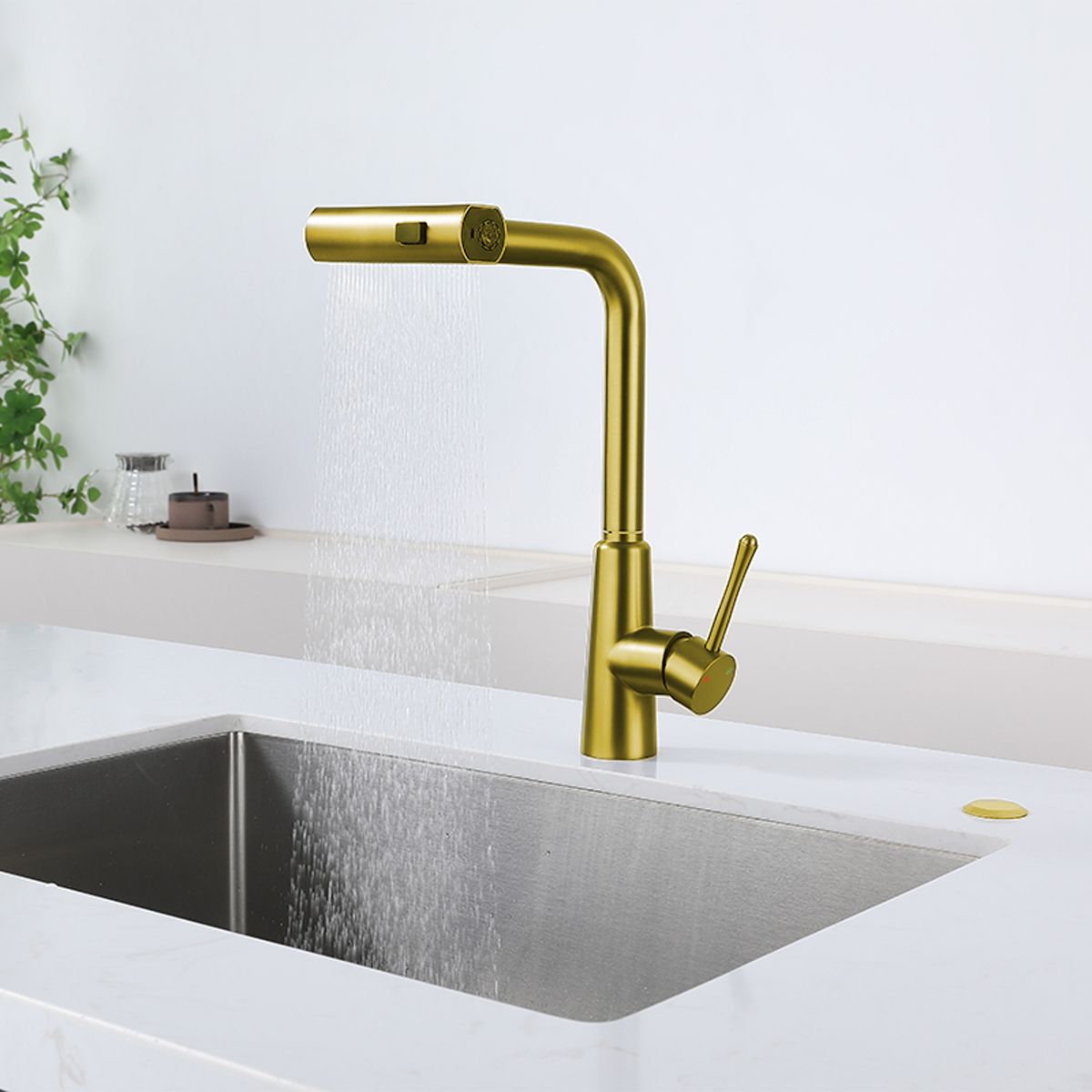 Küchenarmatur, ausziehbare Brause, 3 Sprüharten, 360° schwenkbarer Auslauf, mit Perlator, Edelstahl, Mattgold, Safari