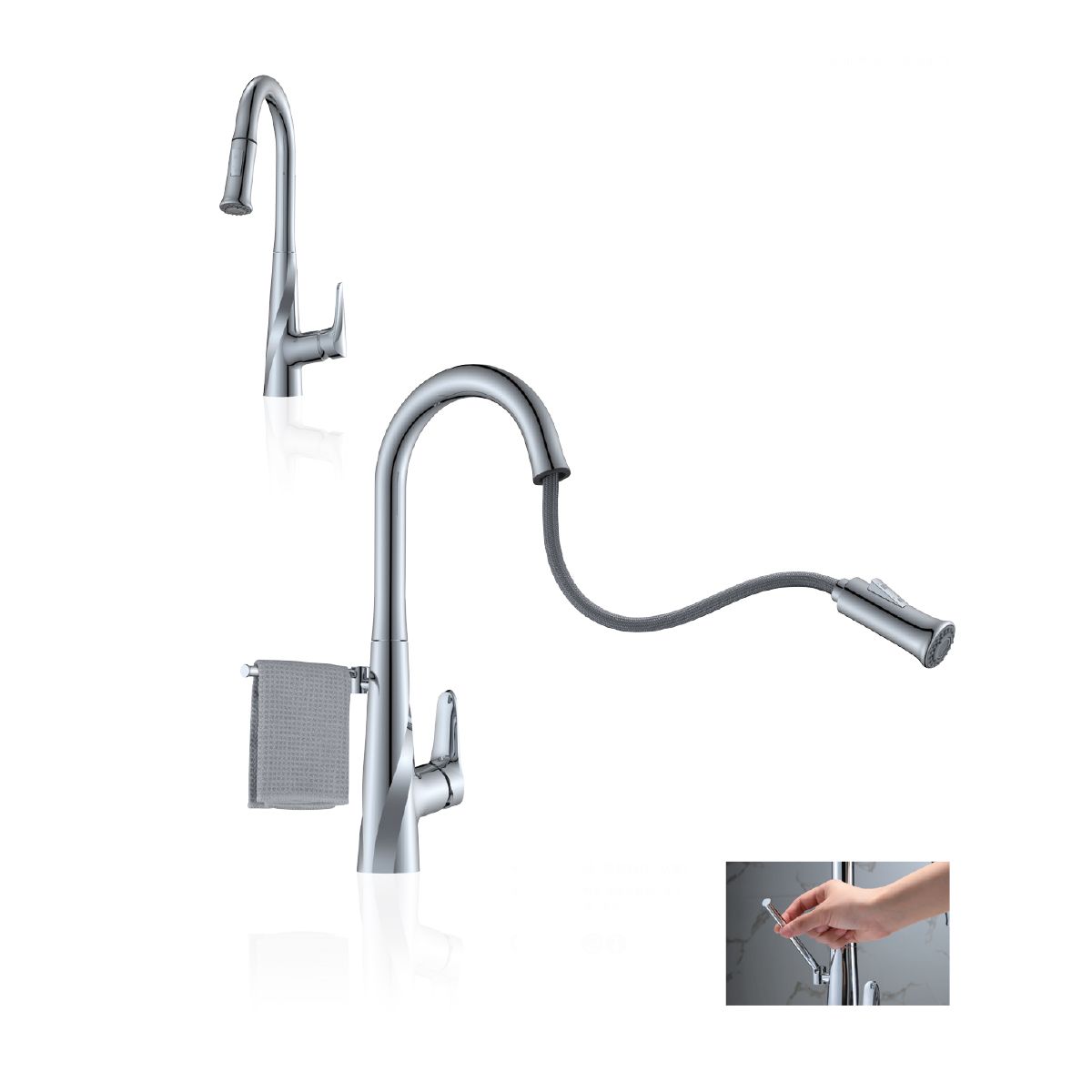 Küchenarmatur, inkl. Halterung, ausziehbare Brause , 2 Strahlarten, flexibler und 360° schwenkbarer Auslauf, Chrom, Tomis