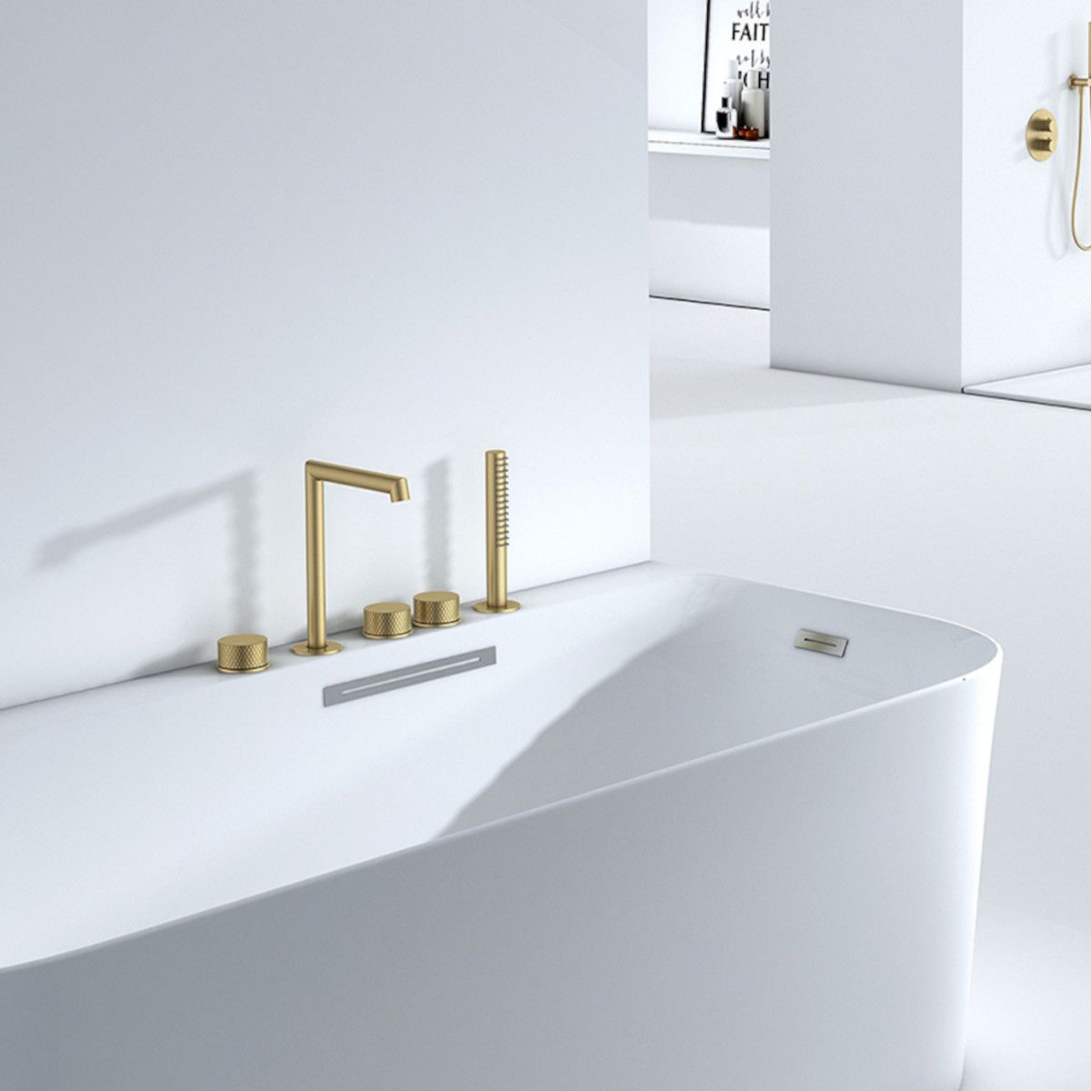 Badewannenarmatur, Mattgold, 5-Loch-Montage, mit Perlator, Badewannenmontage, Apolo