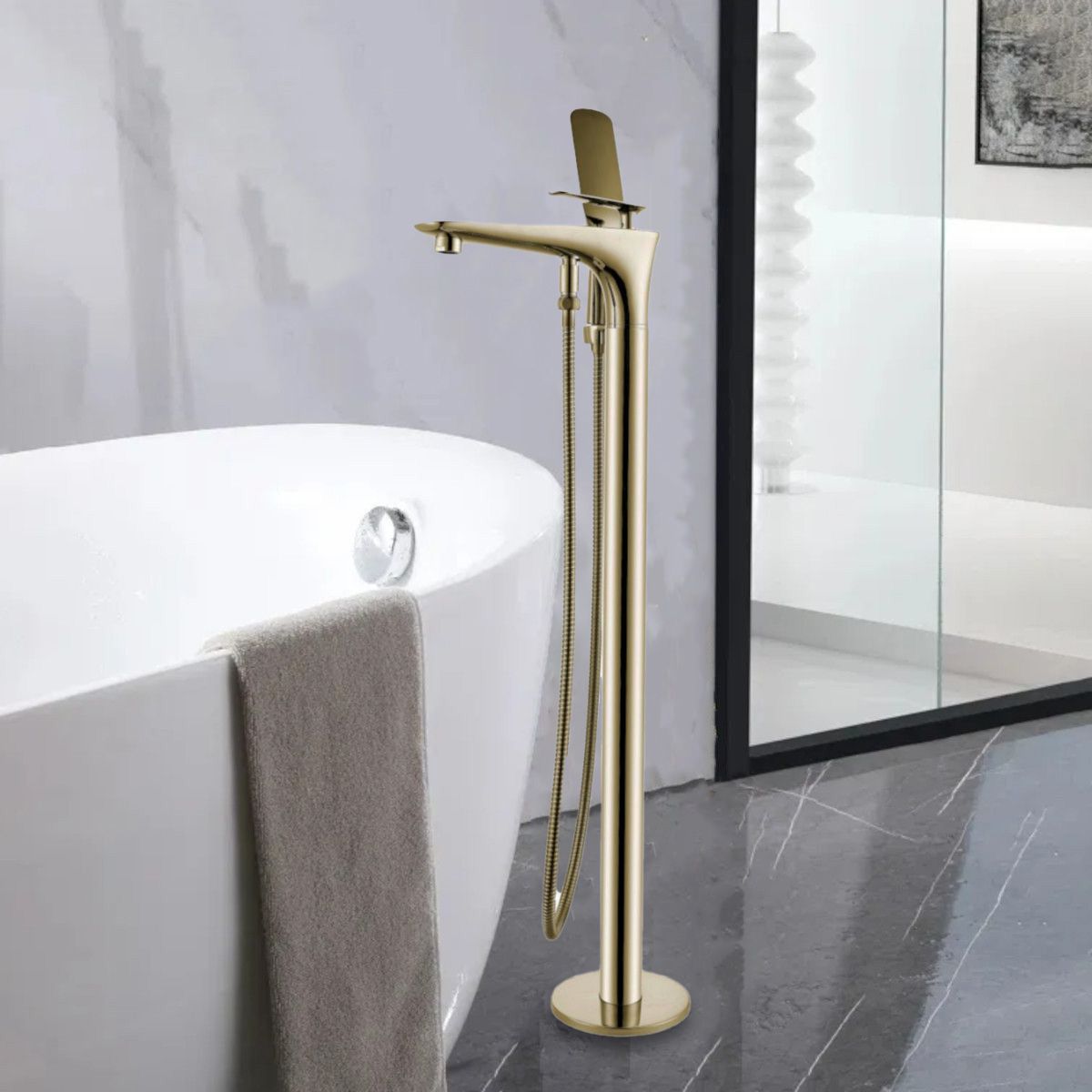 Badewannenarmatur Bride, Mattgold, Bodenmontage, runder Rahmen, 360-Grad drehbar