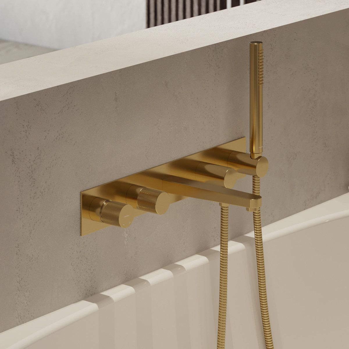 OMNIRES CONTOUR Wannenarmatur, 5-Loch, Gold, PVD-gebürstetes Finish, Easy Clean Silikondüsen, Unterputzmontage