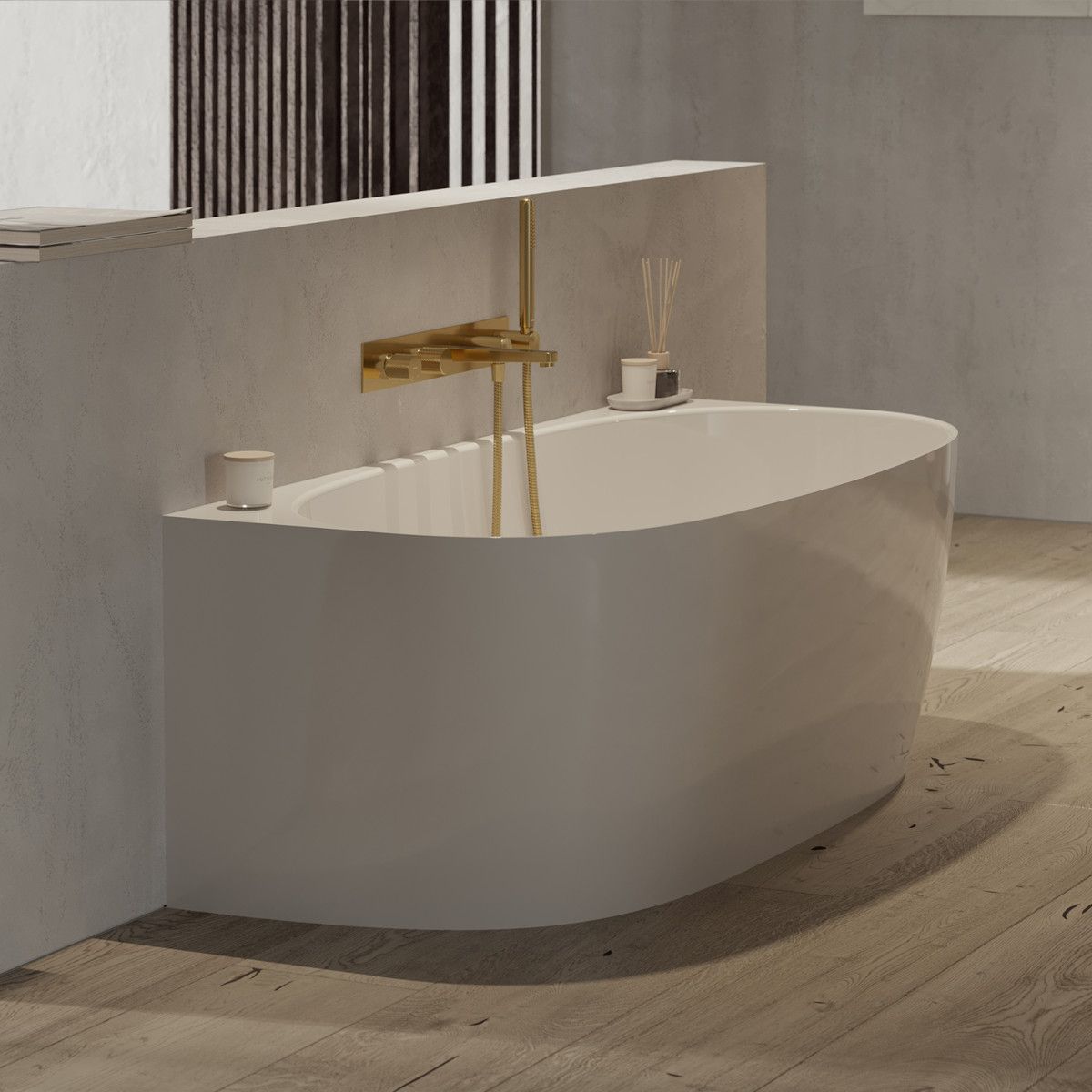 OMNIRES CONTOUR Wannenarmatur, 5-Loch, Gold, PVD-gebürstetes Finish, Easy Clean Silikondüsen, Unterputzmontage