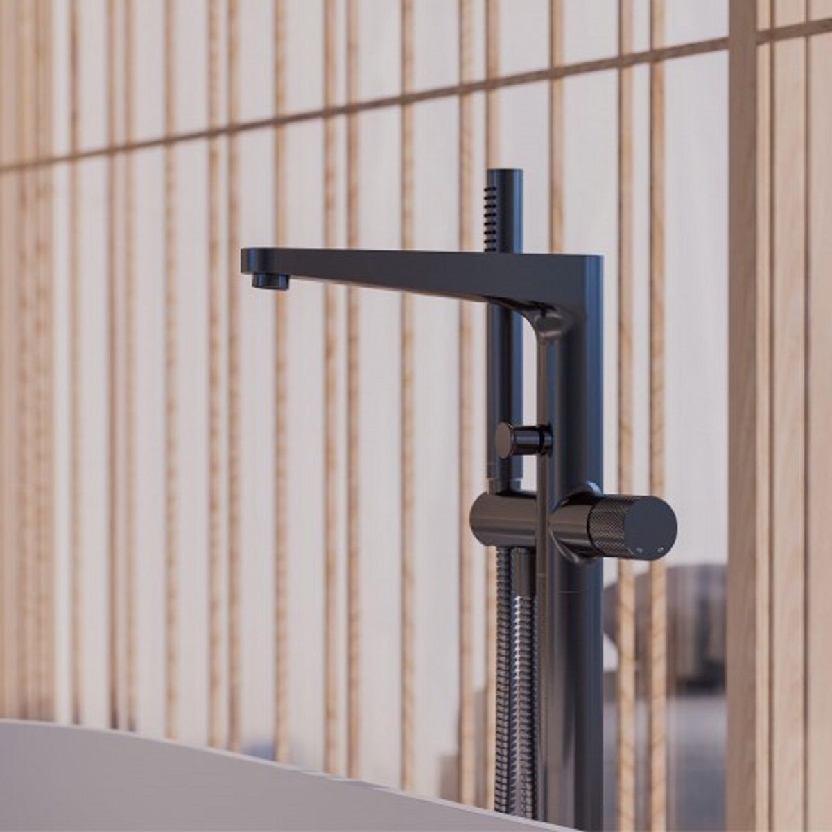 OMNIRES CONTOUR Wannenarmatur, Anthrazit, PVD-gebürstetes Finish, Easy Clean Silikondüsen, Bodenmontage, freistehend