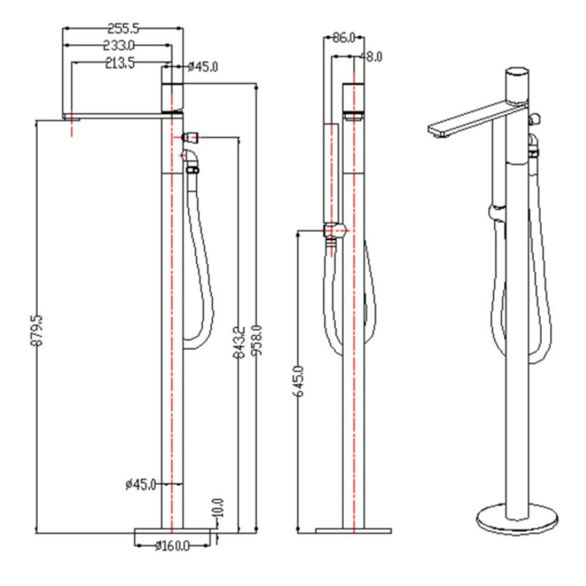 Badewannenarmatur Pilar, Mattschwarz, Bodenmontage, runder Rahmen