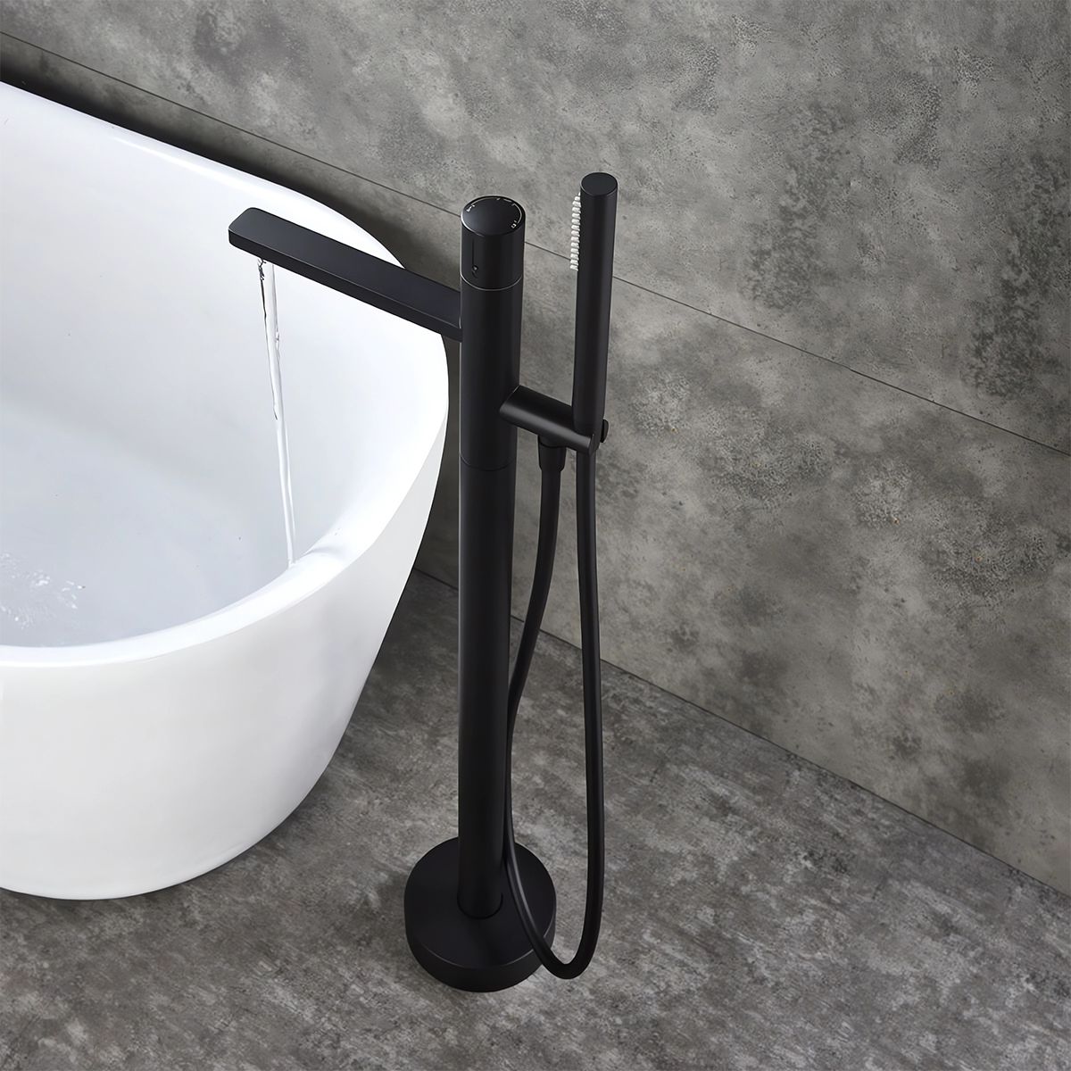 Badewannenarmatur Pilar, Mattschwarz, Bodenmontage, runder Rahmen