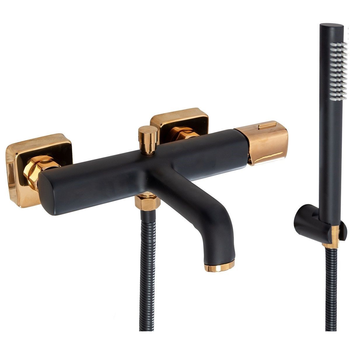 REA-Salt Wannenarmatur, Wandmontage, Oberfläche Mattschwarz/Gold, Handbrause inklusive