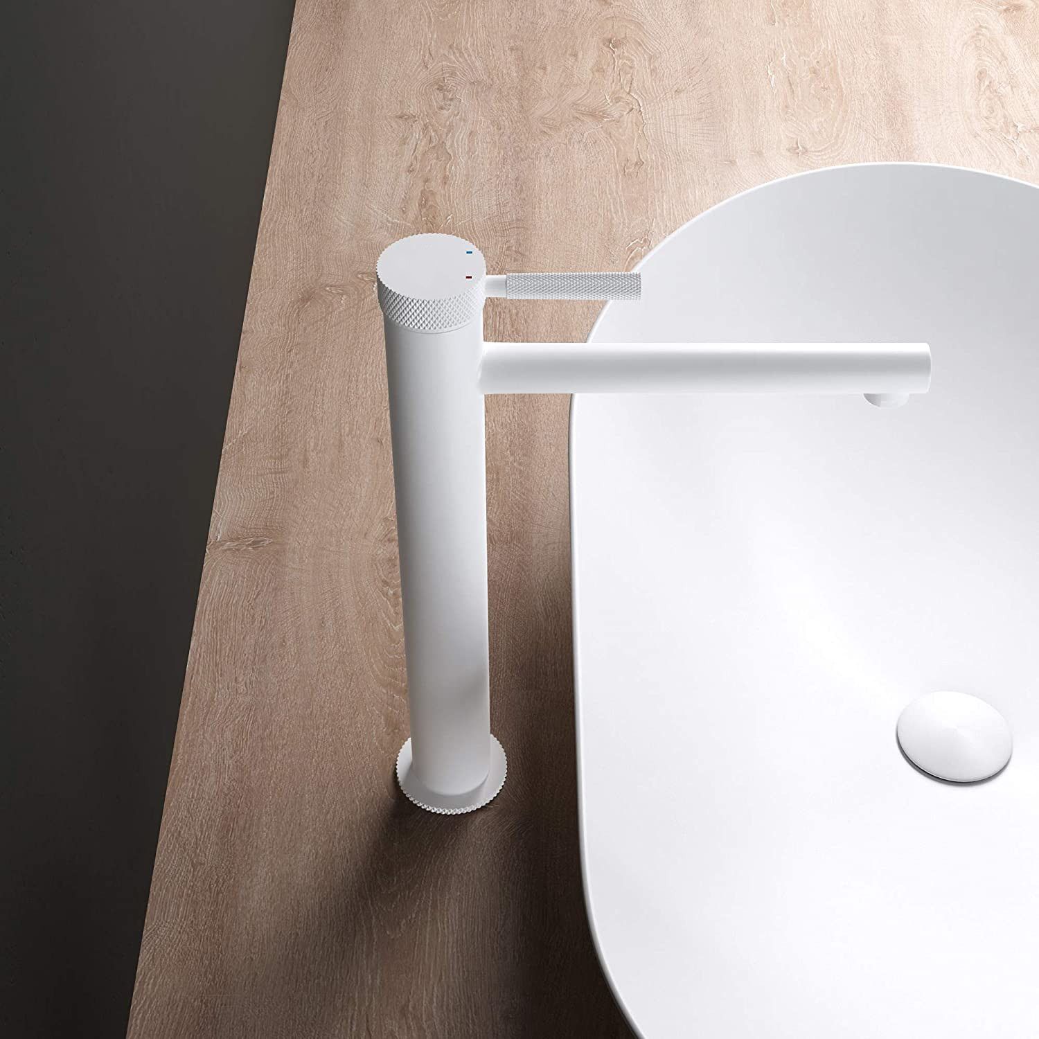 Waschbeckenarmatur EGO-Tiona White High, Aufsatzmontage, Weiß, mit Perlator, außergewöhnliches Design
