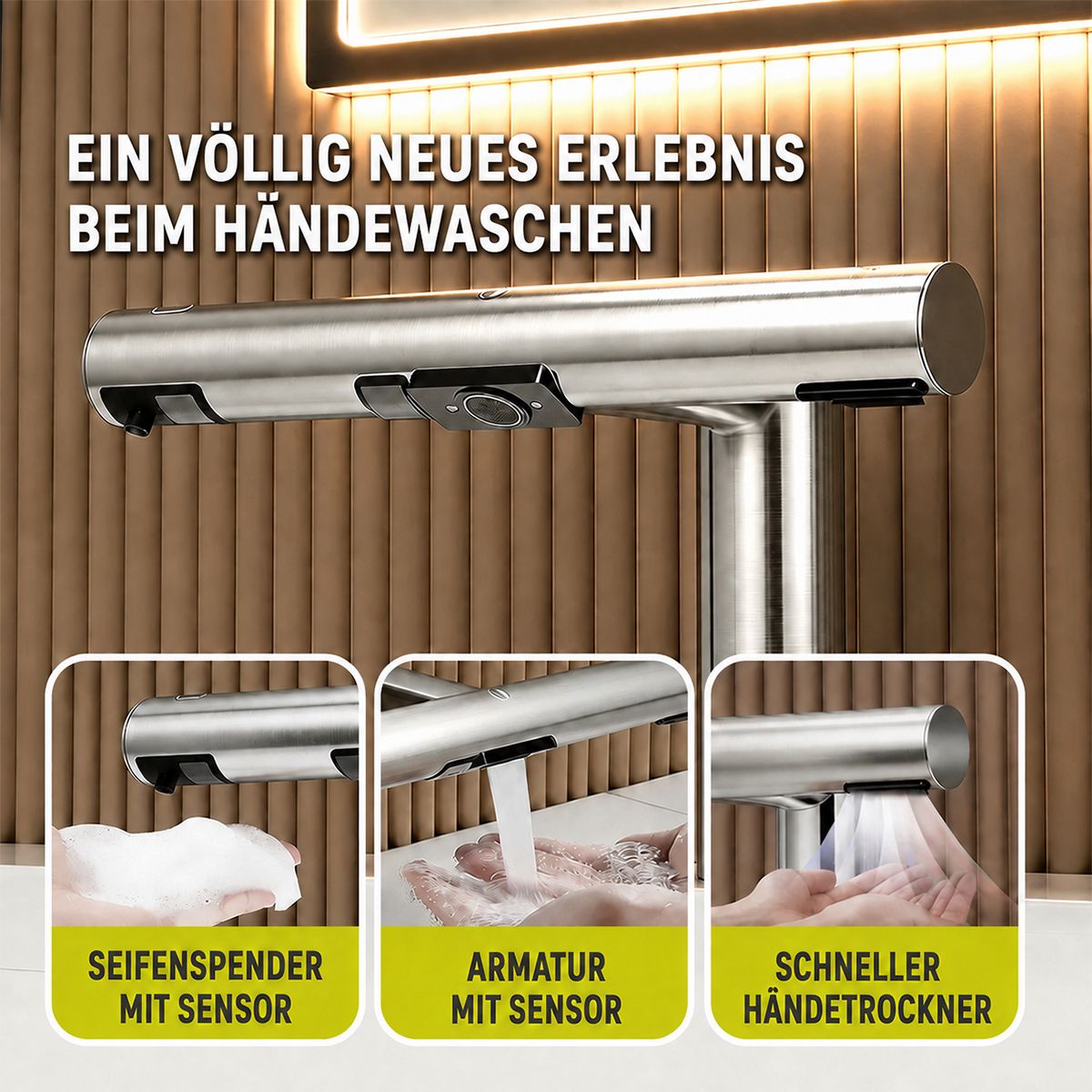 Waschtischarmatur, Kaltwasser, Seifenspender, Sensor, Händetrockner, Kauf, Waschtischmontage, Stromanschluss, Velis
