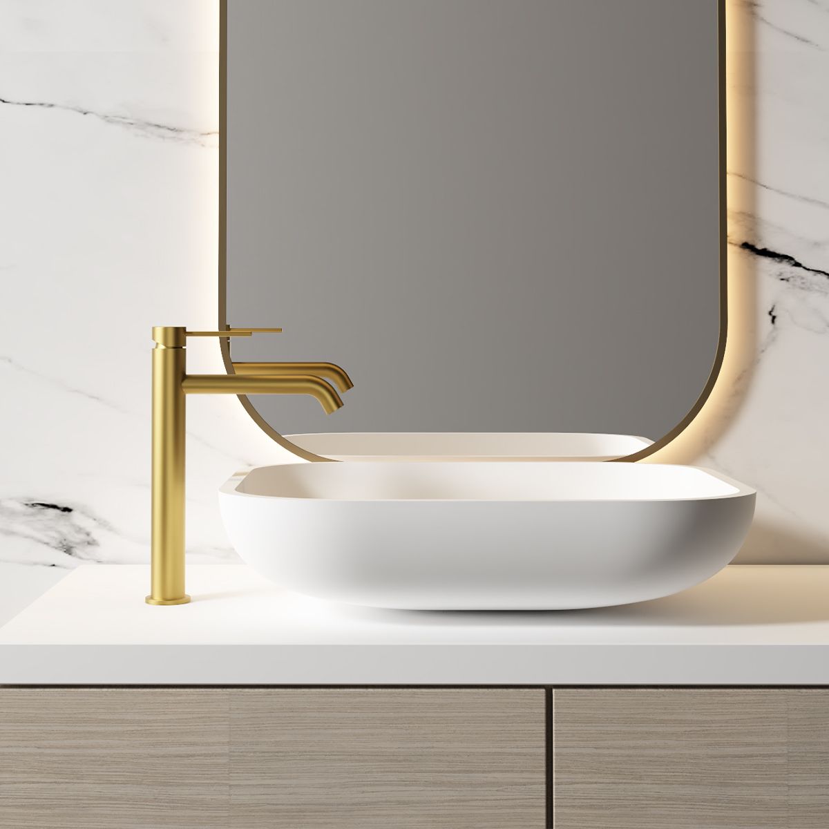 Waschbeckenarmatur, Mattgold, mit Perlator, Edelstahl, Aufsatzmontage, Fino