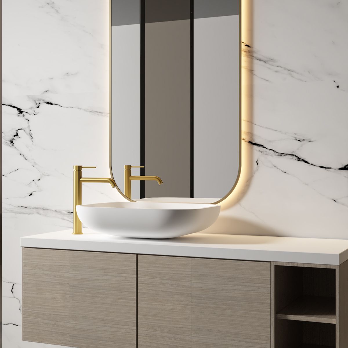 Waschbeckenarmatur, Mattgold, mit Perlator, Edelstahl, Aufsatzmontage, Fino