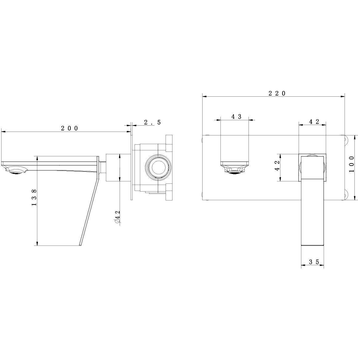 Waschbecken- und Badewannenarmatur, Mattschwarz, Wandmontage, Delos, Auslaufbreite 4,3 cm