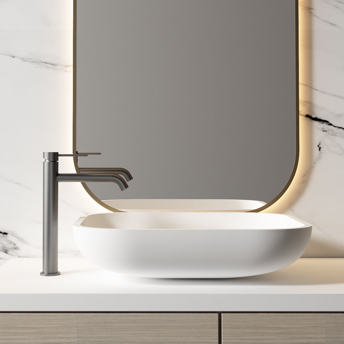 Waschbeckenarmatur, Gun Grey, mit Perlator, Edelstahl, Aufsatzmontage, Fino