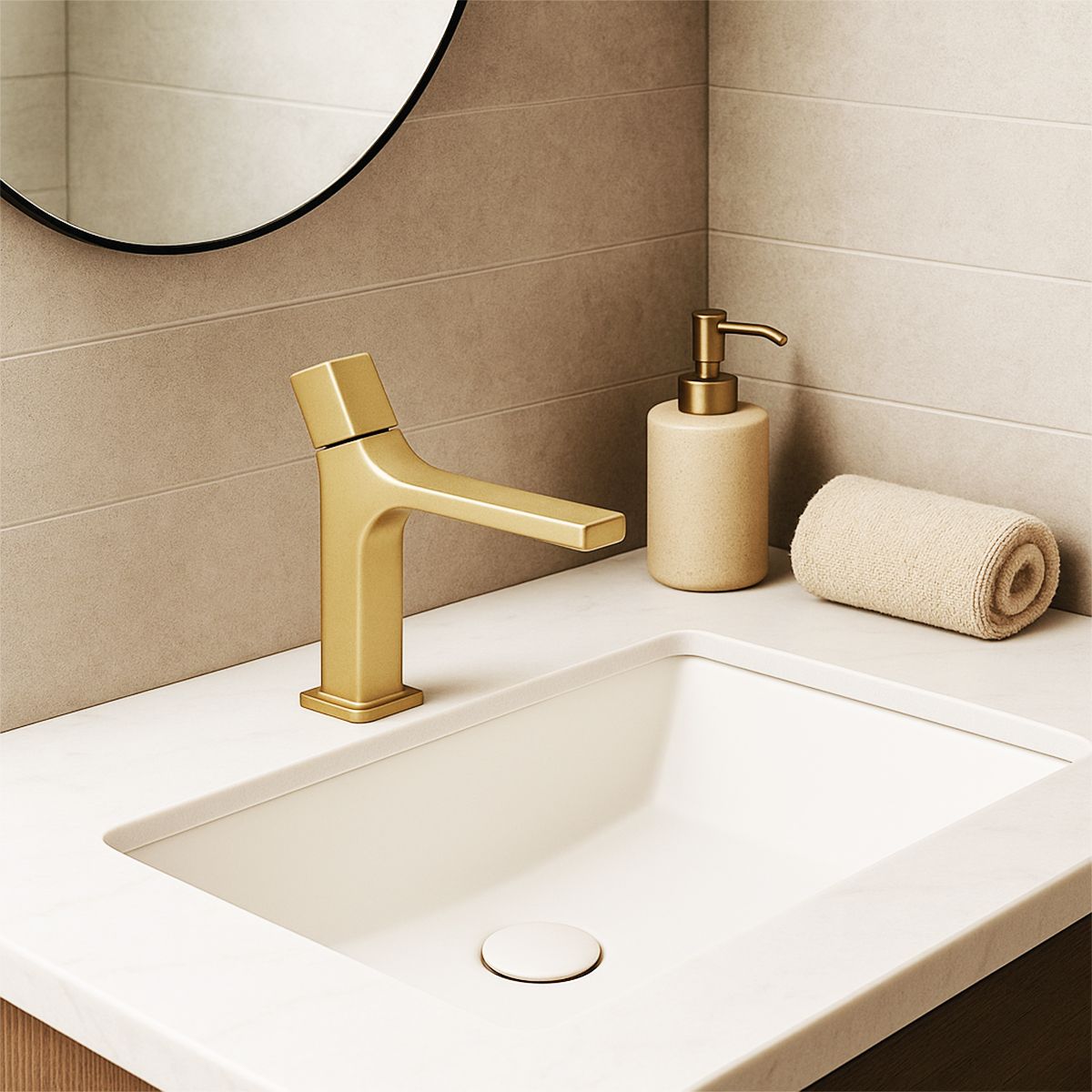 Waschbecken-Armatur, Waschbeckenmontage, Perlator, Messing, Mattgold, Aria