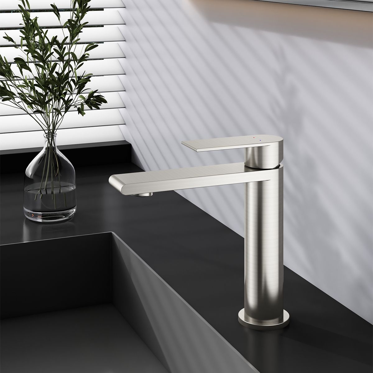 Waschbeckenarmatur, Nickel Matt, mit Perlator, Edelstahl, Waschbeckenmontage, Sereno
