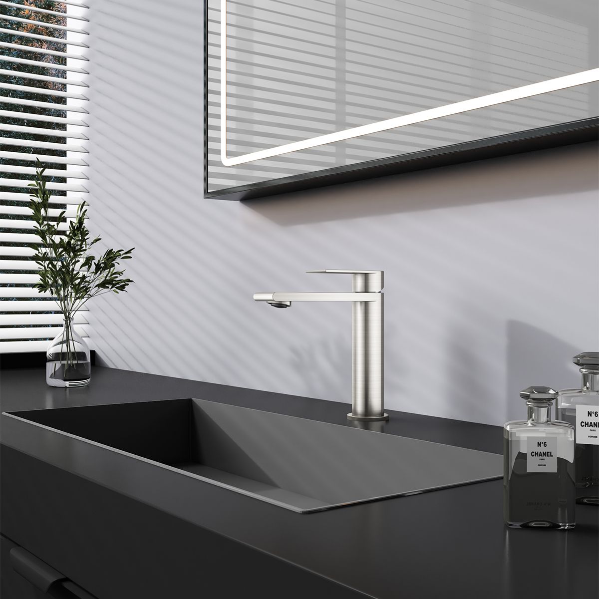 Waschbeckenarmatur, Nickel Matt, mit Perlator, Edelstahl, Waschbeckenmontage, Sereno
