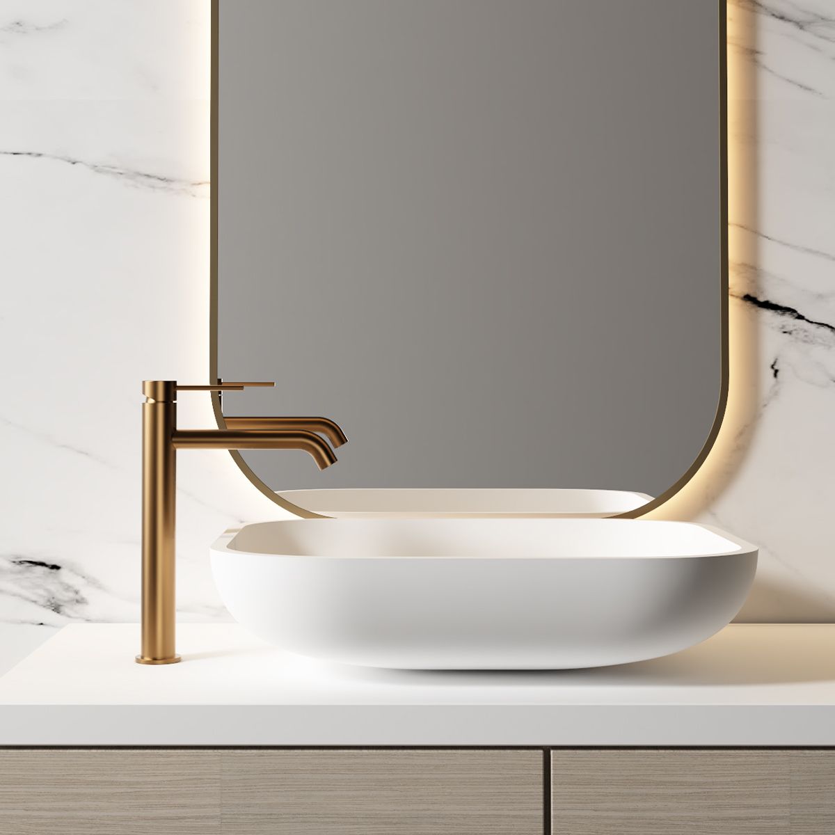 Waschbeckenarmatur, Roségold Matt, mit Perlator, Edelstahl, Aufsatzmontage, Fino
