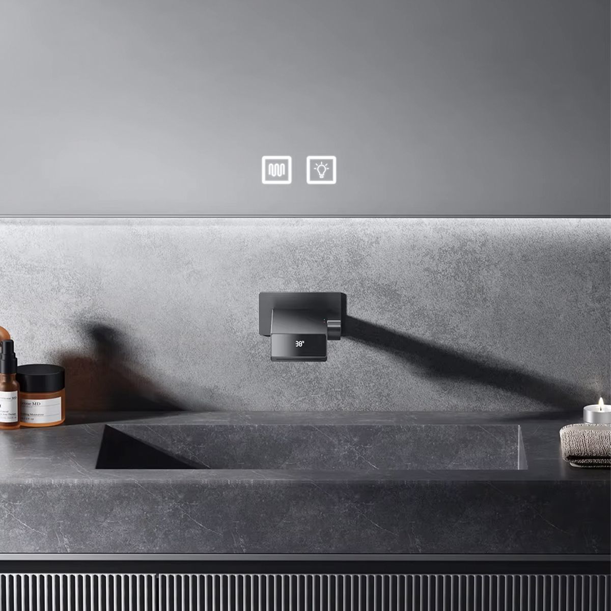 Waschbeckenarmatur Luna, Wasserfall-Effekt, LED-Display, Temperaturanzeige, hydroelektrisch, Unterputzmontage, Gun Grey