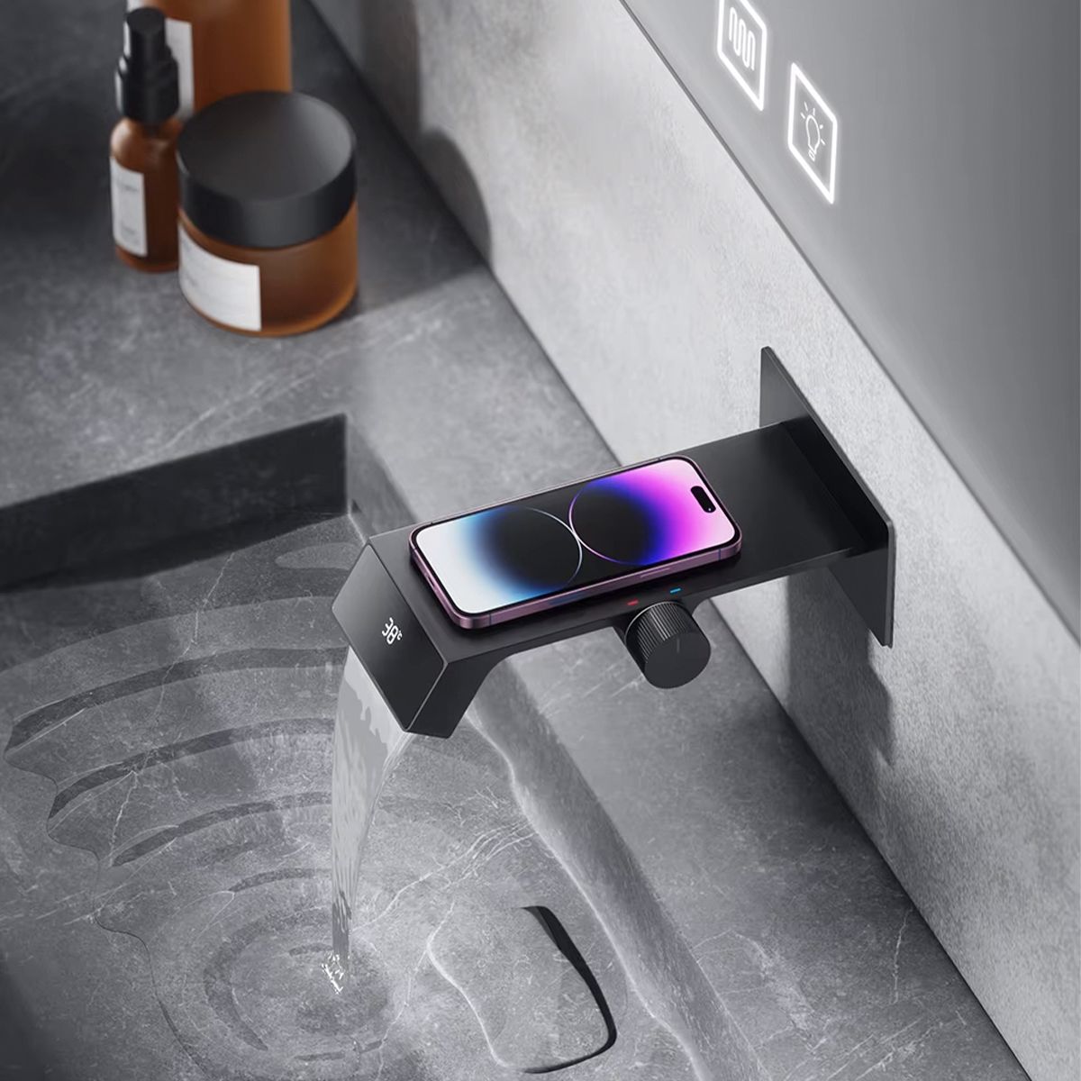Waschbeckenarmatur Luna, Wasserfall-Effekt, LED-Display, Temperaturanzeige, hydroelektrisch, Unterputzmontage, Gun Grey
