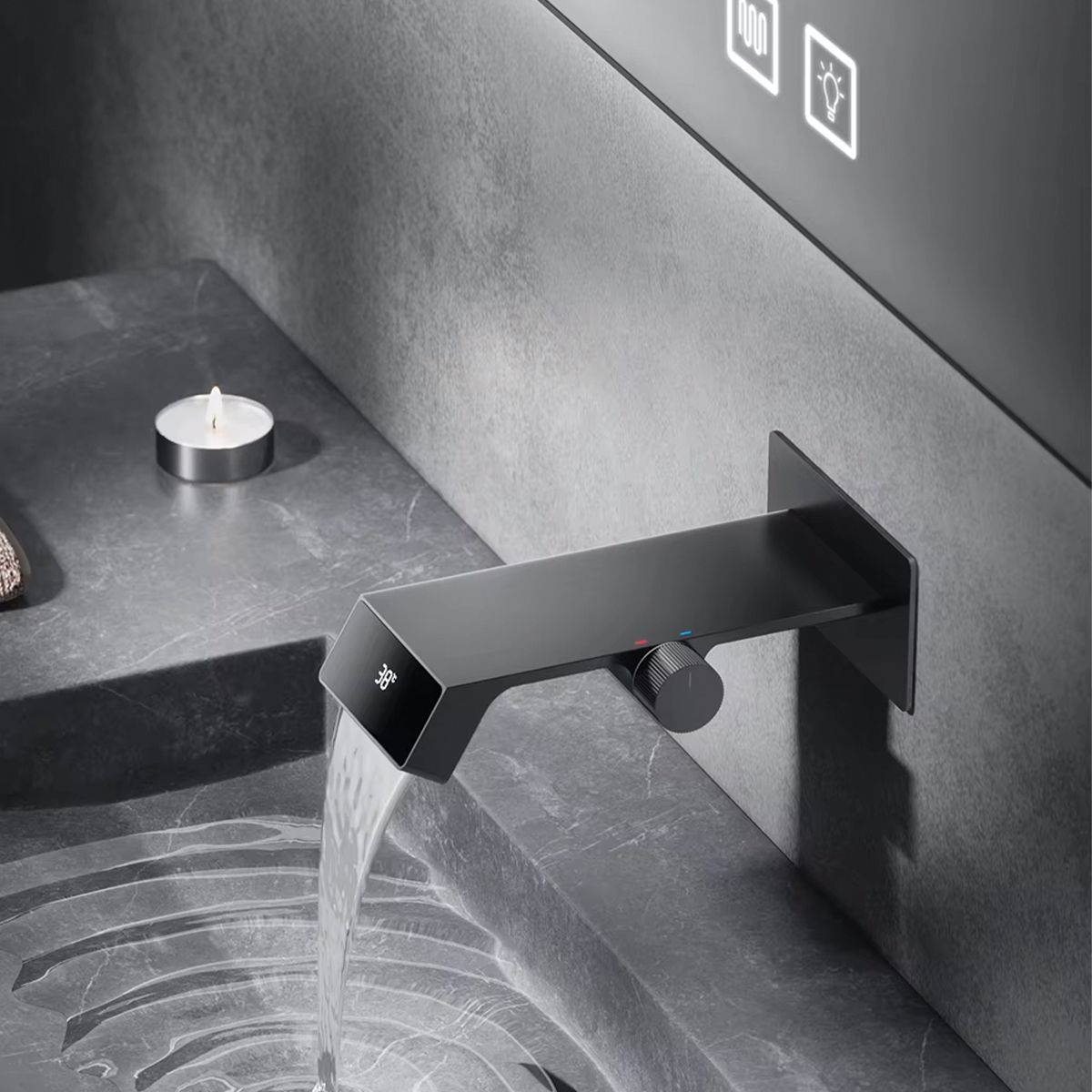 Waschbeckenarmatur Luna, Wasserfall-Effekt, LED-Display, Temperaturanzeige, hydroelektrisch, Unterputzmontage, Gun Grey