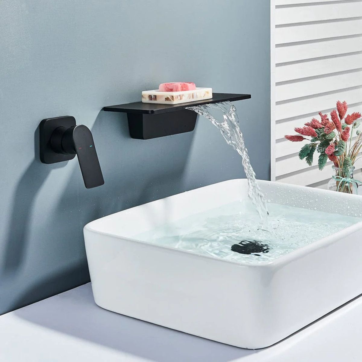 Waschbeckenarmatur, Wasserfall-Design, Mattschwarz, Wandmontage, Messing, Einhebelmischer, Fantezia