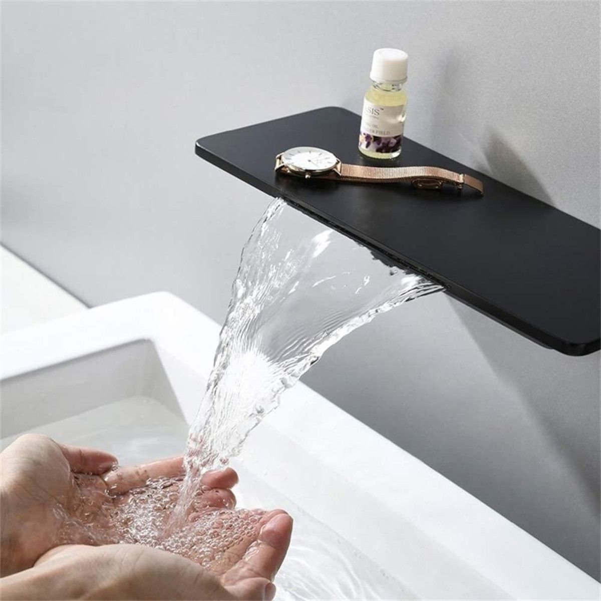 Waschbeckenarmatur, Wasserfall-Design, Mattschwarz, Wandmontage, Messing, Einhebelmischer, Fantezia