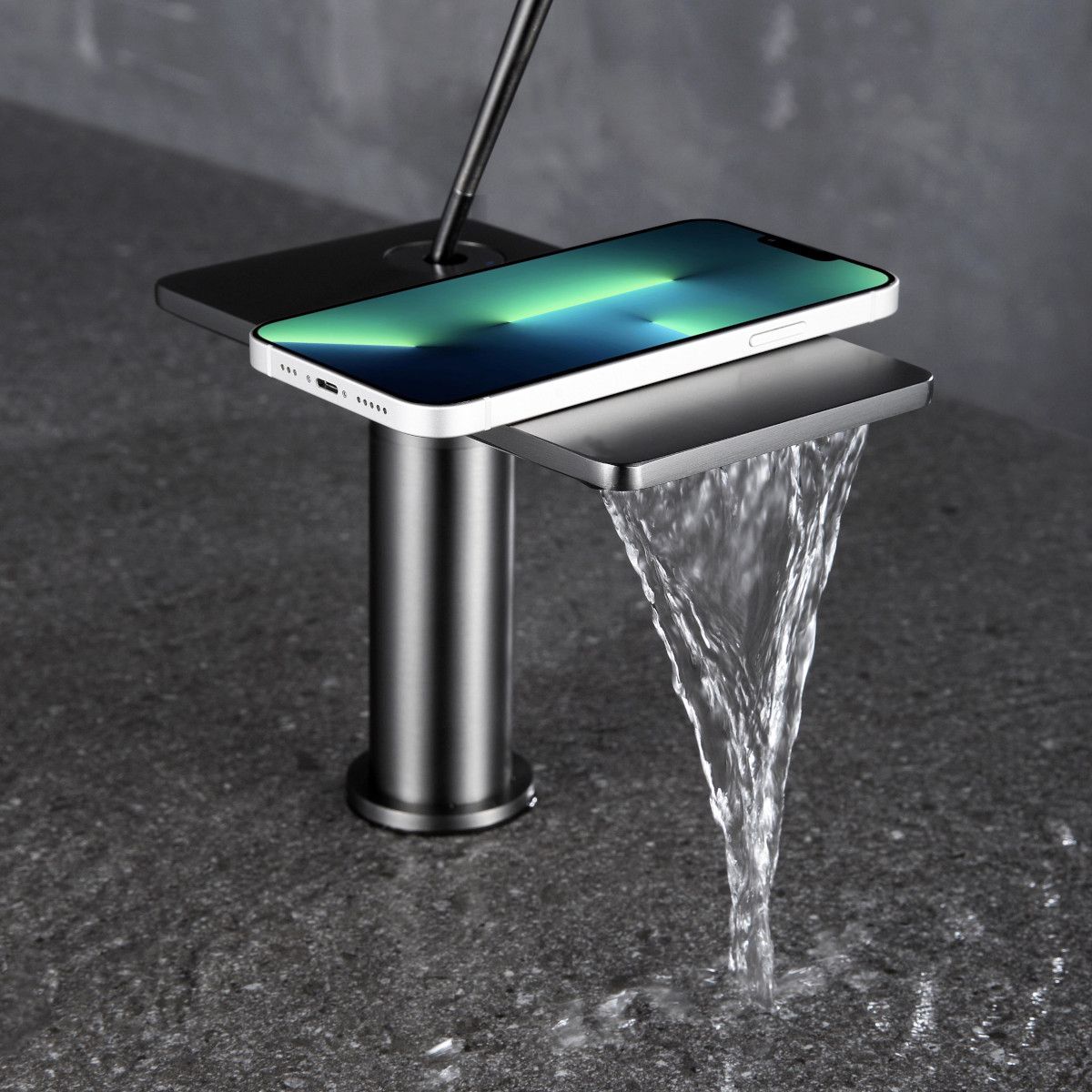Waschbeckenarmatur, Wasserfall-Design, mit Perlator, Mattgold, Aufsatzmontage, Höhe 26 cm, Dion