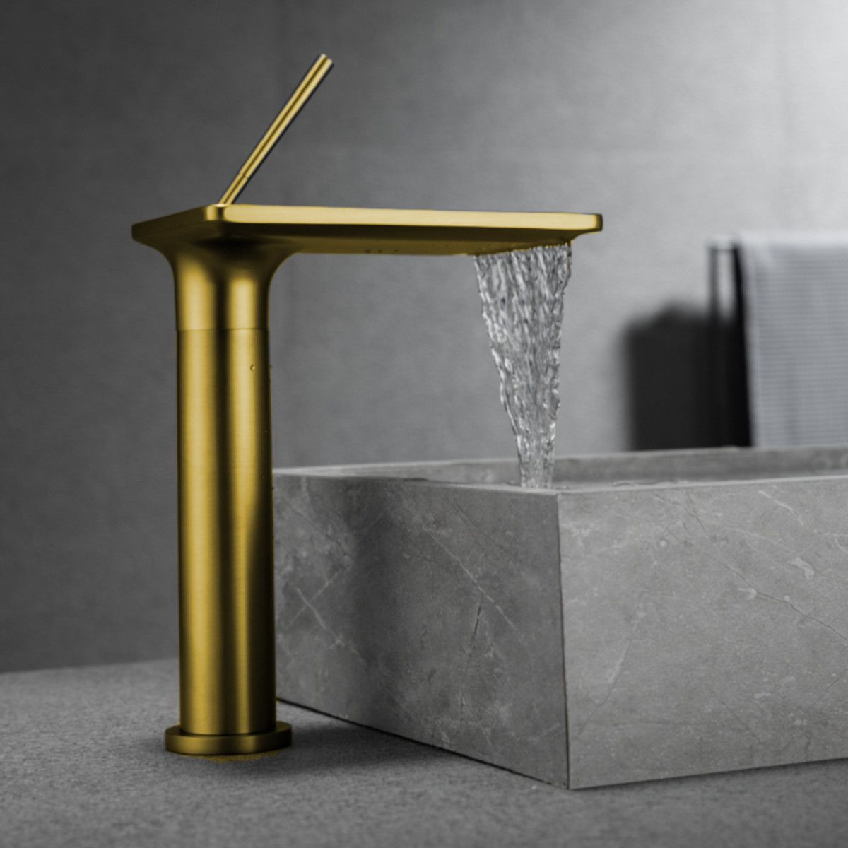 Waschbeckenarmatur, Wasserfall-Design, mit Perlator, Mattgold, Aufsatzmontage, Höhe 26 cm, Dion