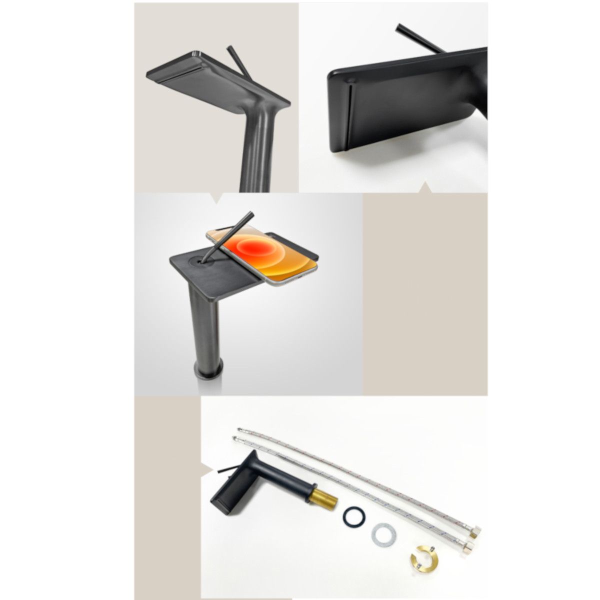 Waschbeckenarmatur, Wasserfall-Design, mit Perlator, Mattschwarz, Aufsatzmontage, Höhe 26 cm, Dion