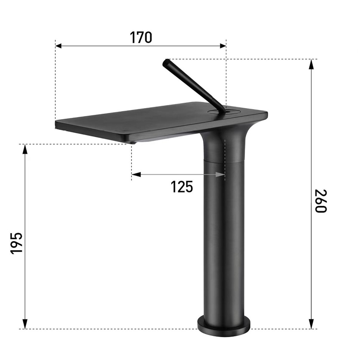 Waschbeckenarmatur, Wasserfall-Design, mit Perlator, Mattschwarz, Aufsatzmontage, Höhe 26 cm, Dion