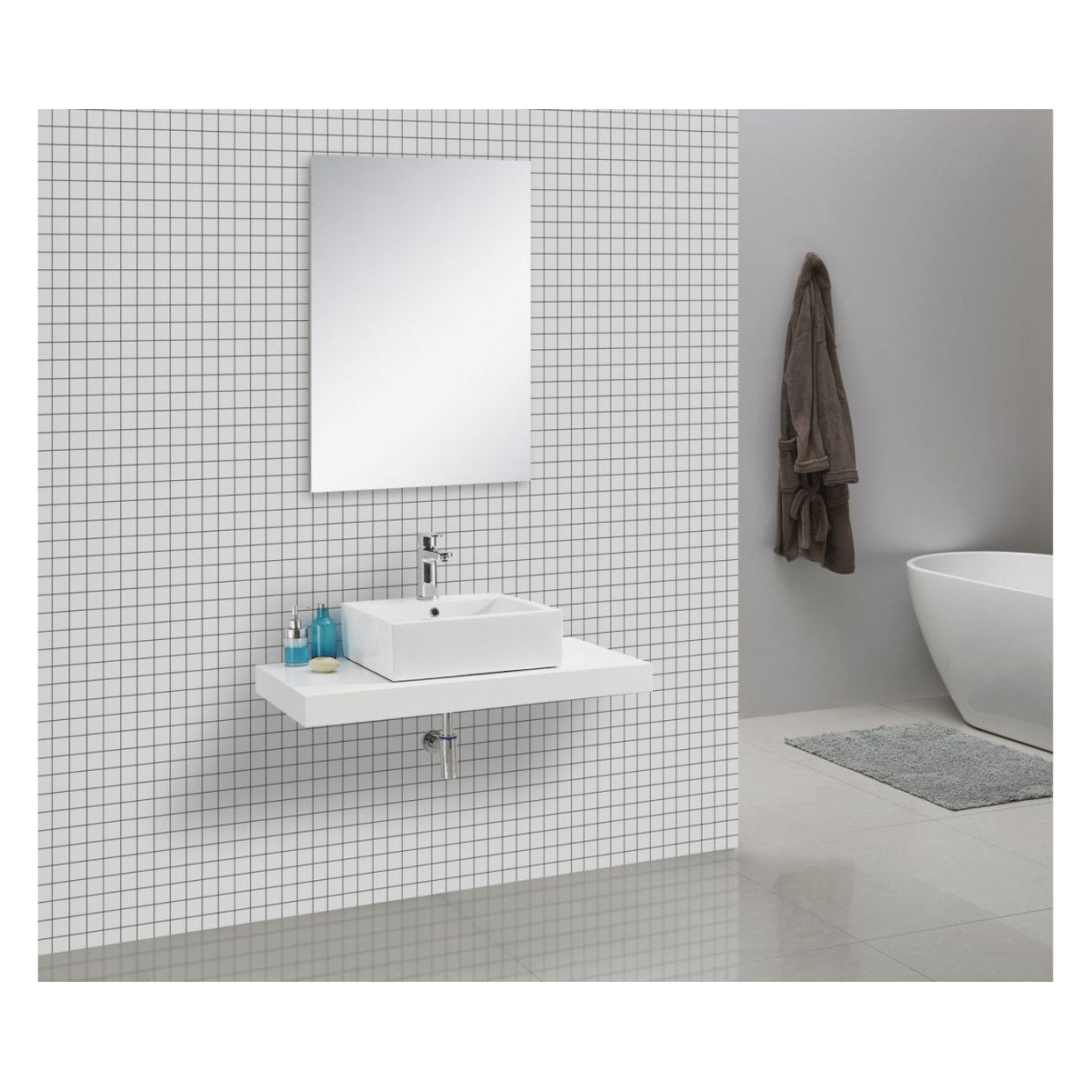 Waschtischplatte EGO-Mossa, MDF, 75-100 x 50 cm, Weiß und Eiche, Montageset enthalten