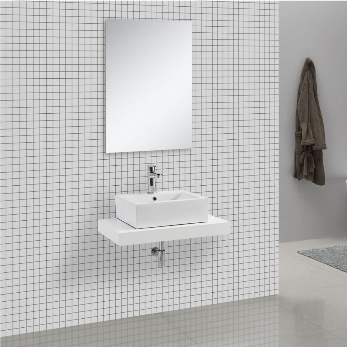 Waschtischplatte EGO-Mossa, MDF, 75-100 x 50 cm, Weiß und Eiche, Montageset enthalten