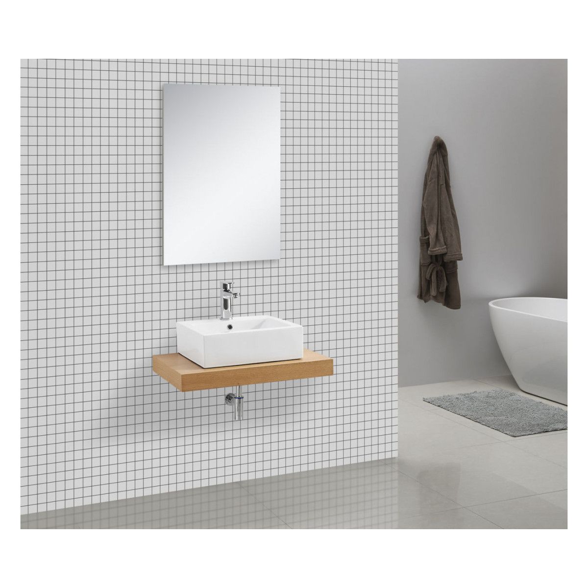 Waschtischplatte EGO-Mossa, MDF, 75-100 x 50 cm, Weiß und Eiche, Montageset enthalten