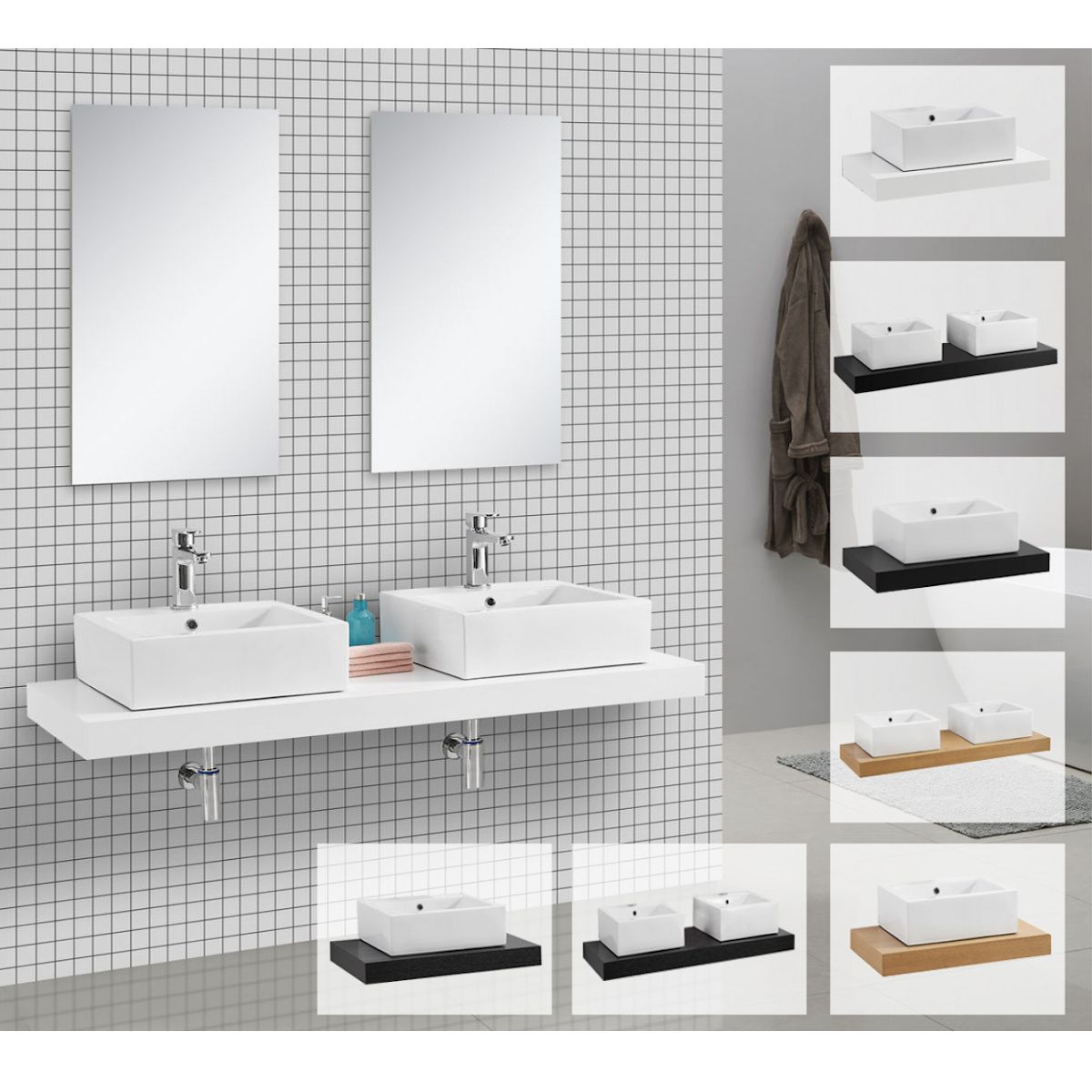Waschtischplatte EGO-Mossa, MDF, 75-100 x 50 cm, Weiß und Eiche, Montageset enthalten