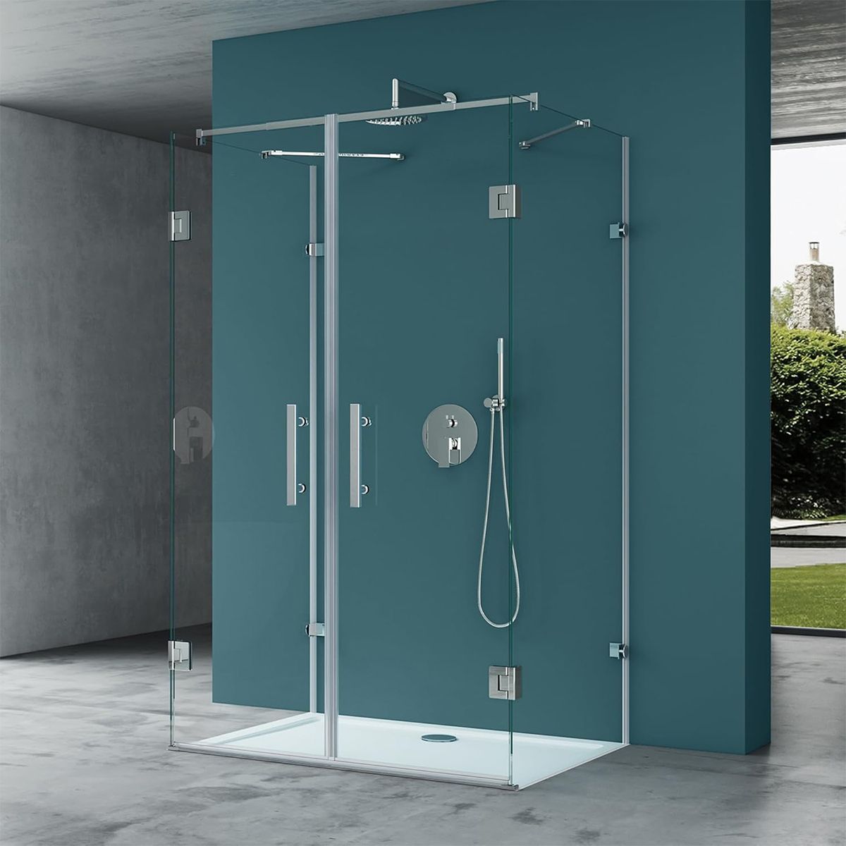 Duschkabine 40, 3 Seiten, Flügeltüren mit 180-Grad-Öffnung, 8 mm Glas, Maße 80-90 x 120 cm