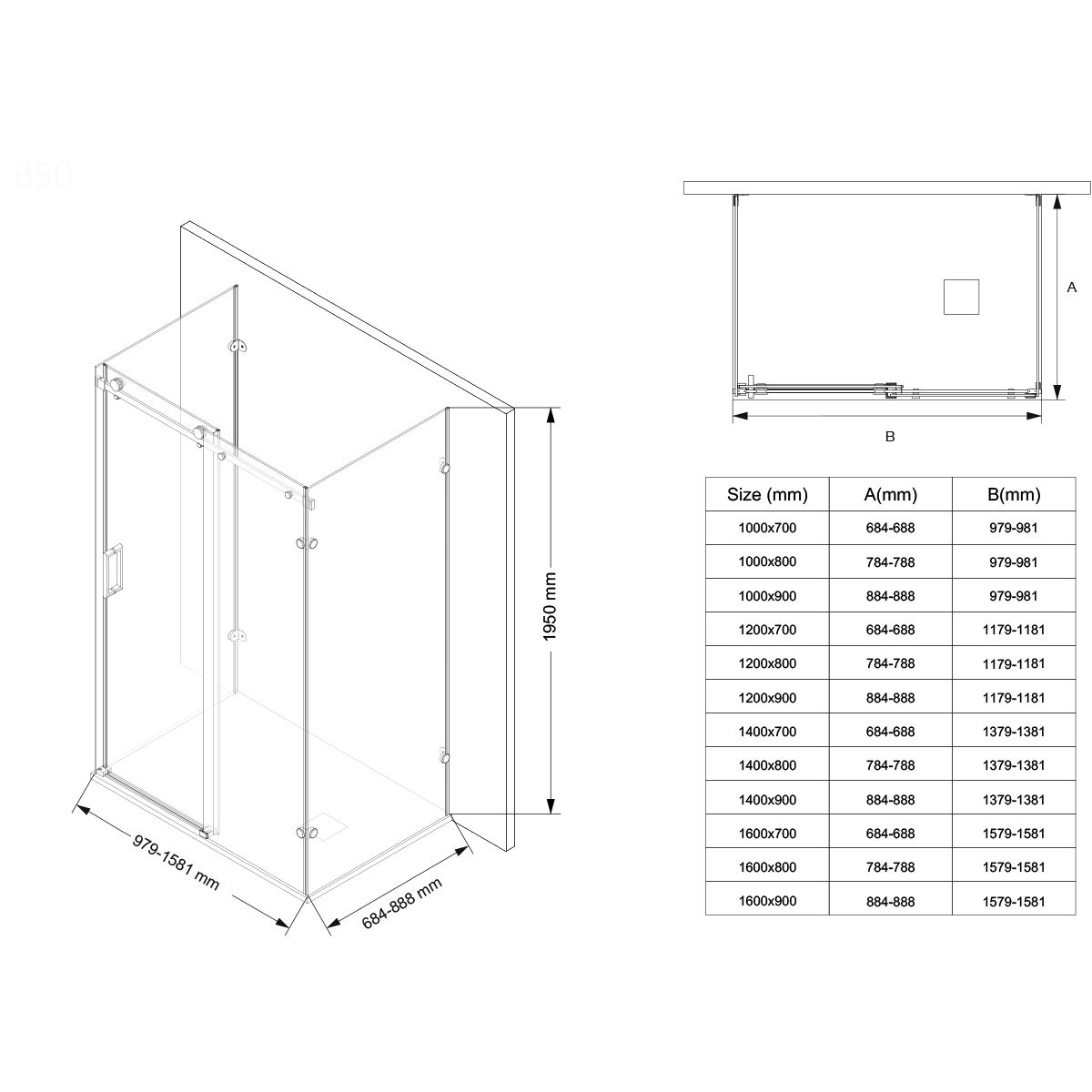 Duschkabine, festem Wandteil, Schiebetür, 8 mm Glas, Nano-Beschichtung, Mattschwarz, Größen 70-90x100-120-160 cm, Solana