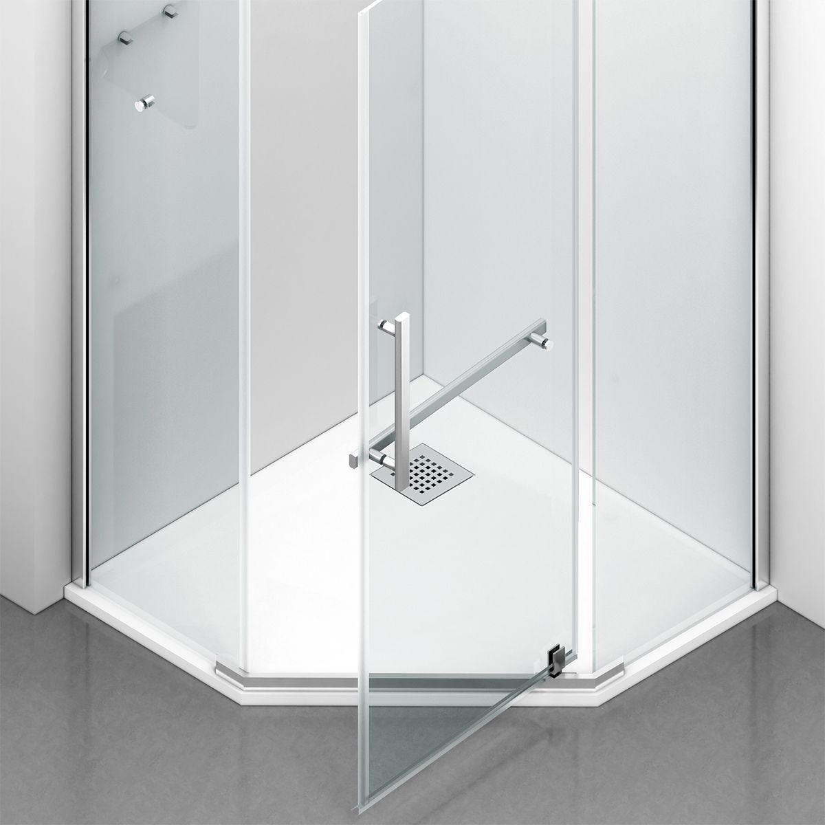 Duschkabine, pentagonal, Pendeltür, Chrom, 8 mm Glas, Handtuchhalter, 2 Ablagen, 90 x 90 cm, Nano Easy Clean, Leon