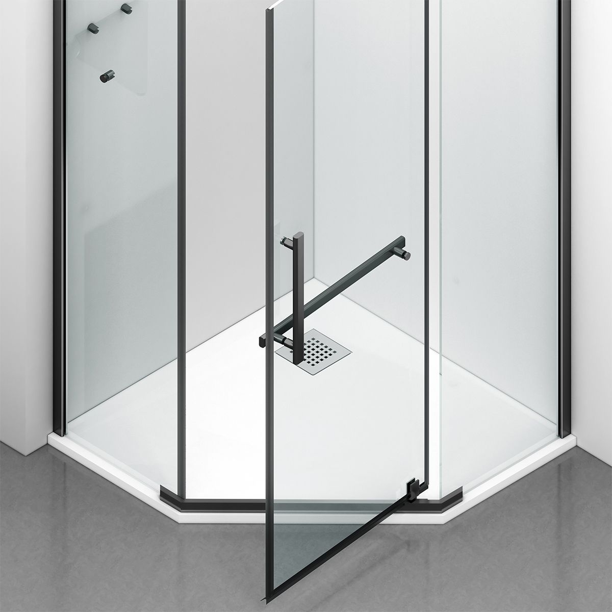 Duschkabine, pentagonal, Pendeltür, Mattschwarz, 8 mm Glas, Handtuchhalter, 2 Ablagen, 90 x 90 cm, Nano Easy Clean, Leon