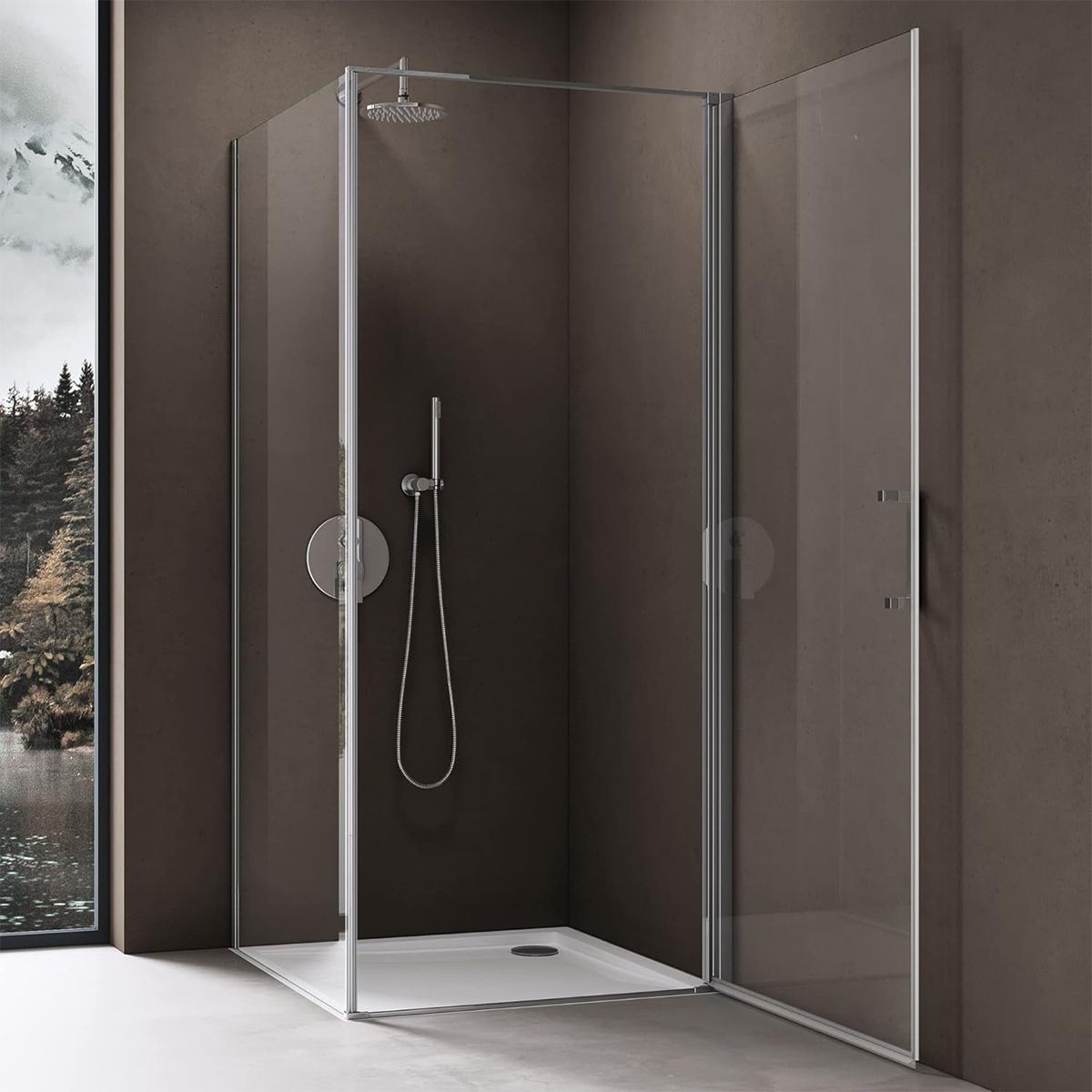 Duschkabine mit Festwand und Pendeltür, 8 mm Sicherheitsglas, Profil und Griff in Chrom, Maße: 90–100 x 90–100 cm, Ego-36
