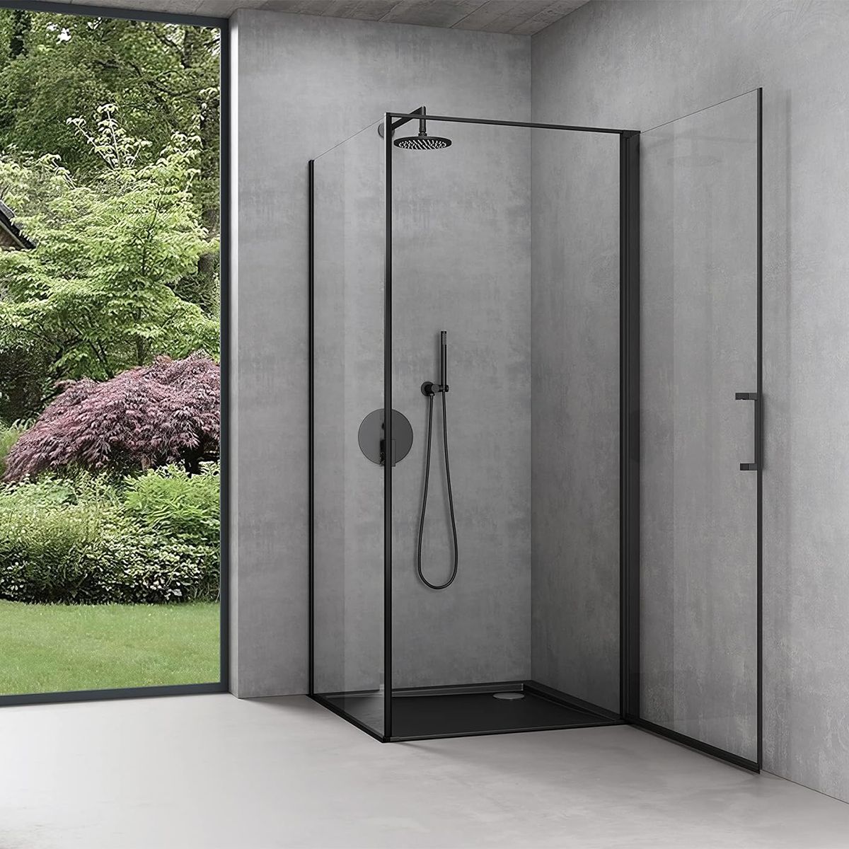 Duschkabine mit Festwand und Pendeltür, 8 mm Sicherheitsglas, Profil und Griff in Schwarz, Maße: 90–100 x 90–100 cm, Ego-36