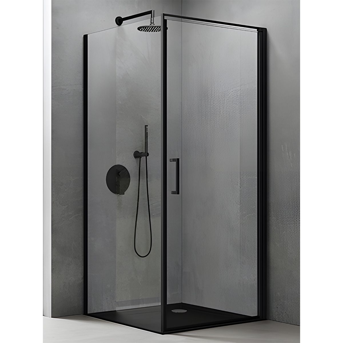 Duschkabine mit Festwand und Pendeltür, 8 mm Sicherheitsglas, Profil und Griff in Schwarz, Maße: 90–100 x 90–100 cm, Ego-36
