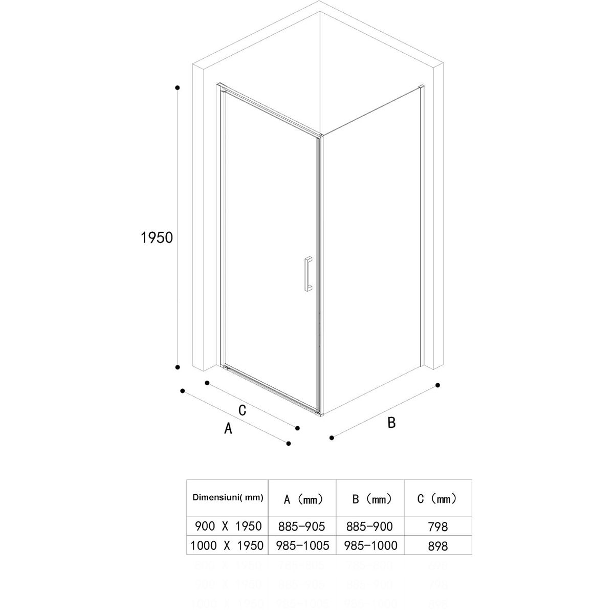 Duschkabine mit Festwand und Pendeltür, 8 mm Sicherheitsglas, Profil und Griff in Schwarz, Maße: 90–100 x 90–100 cm, Ego-36